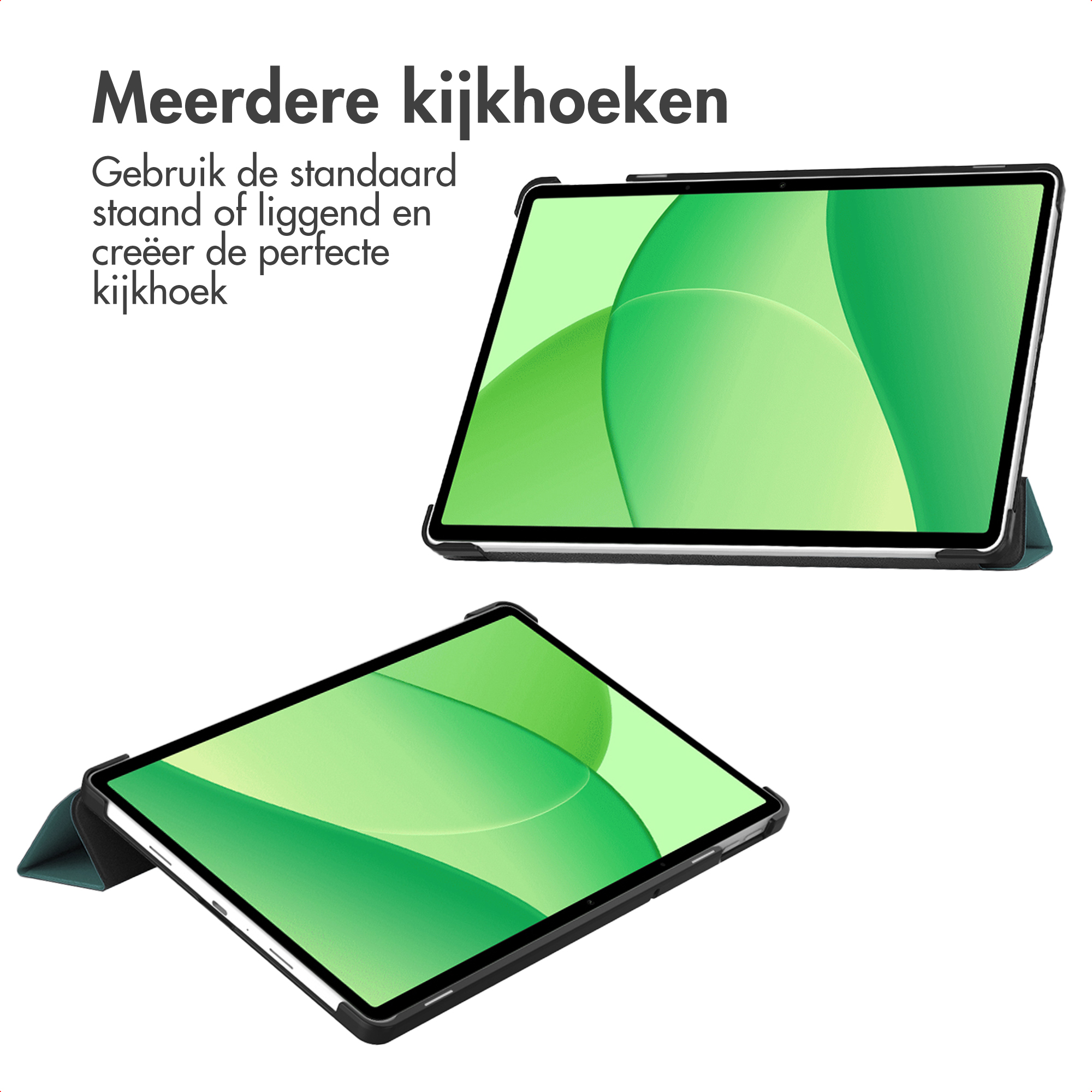 A tablet in a black case stands and lies. Green wallpaper shown.