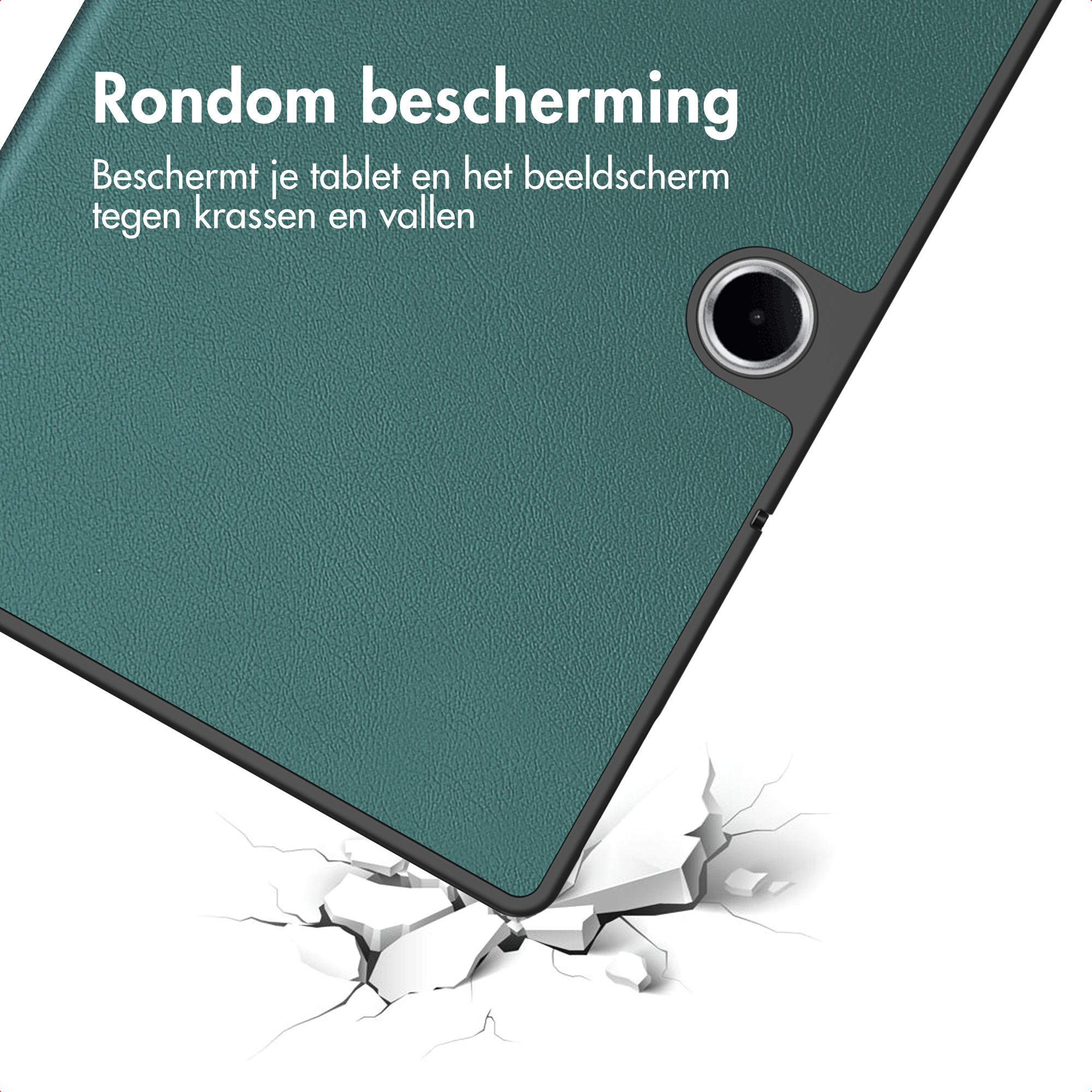 A green tablet case falls onto a cracked white surface.