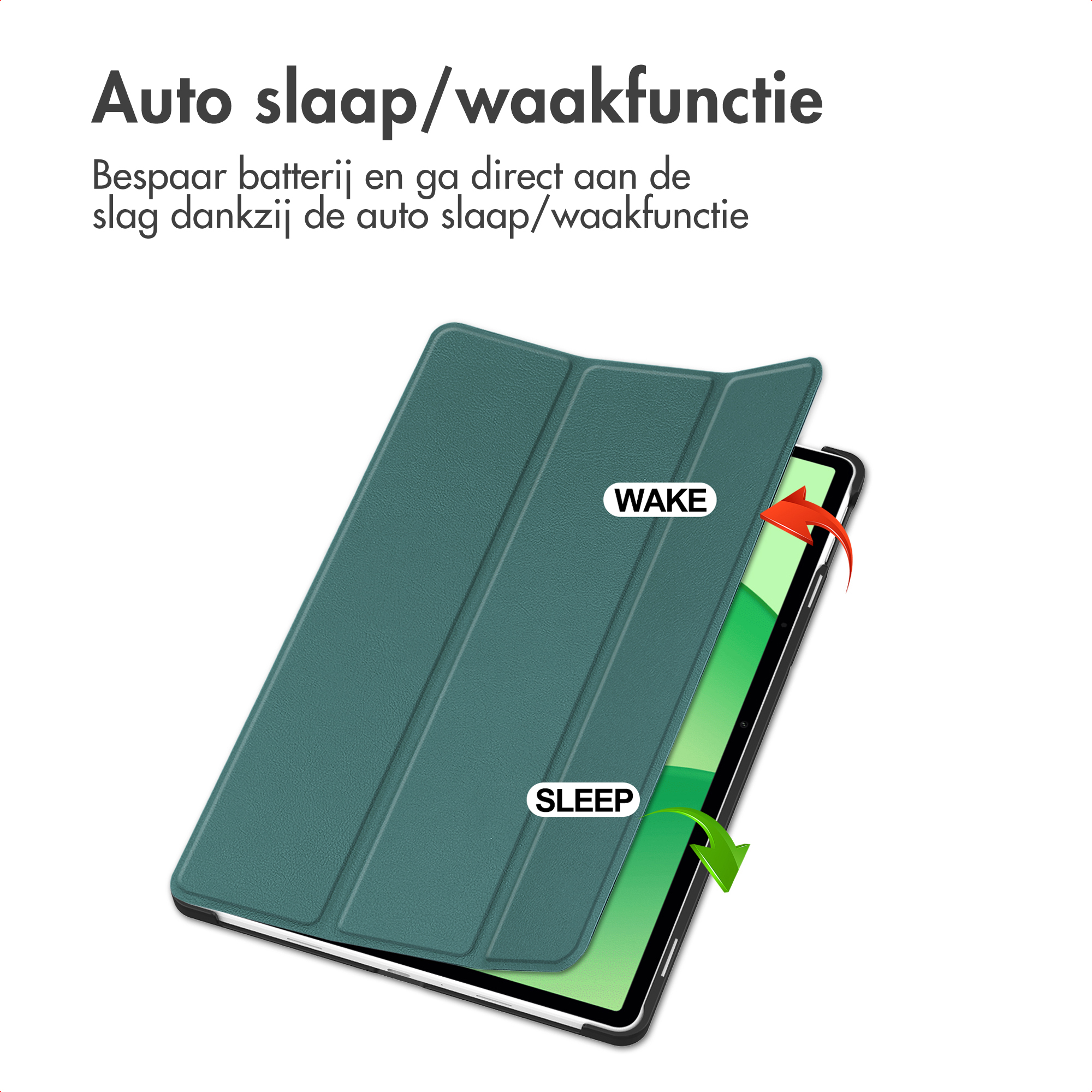 A green tablet case with "Wake" and "Sleep" arrows.