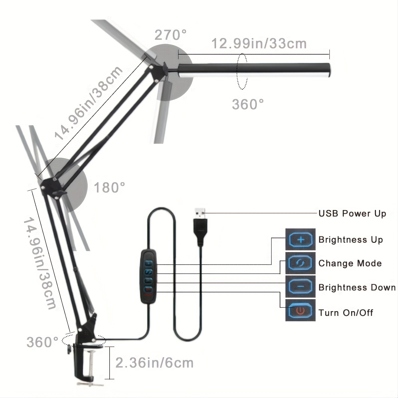 Verstellbare Schreibtischlampe mit USB-Anschluss und Bedienelementen.