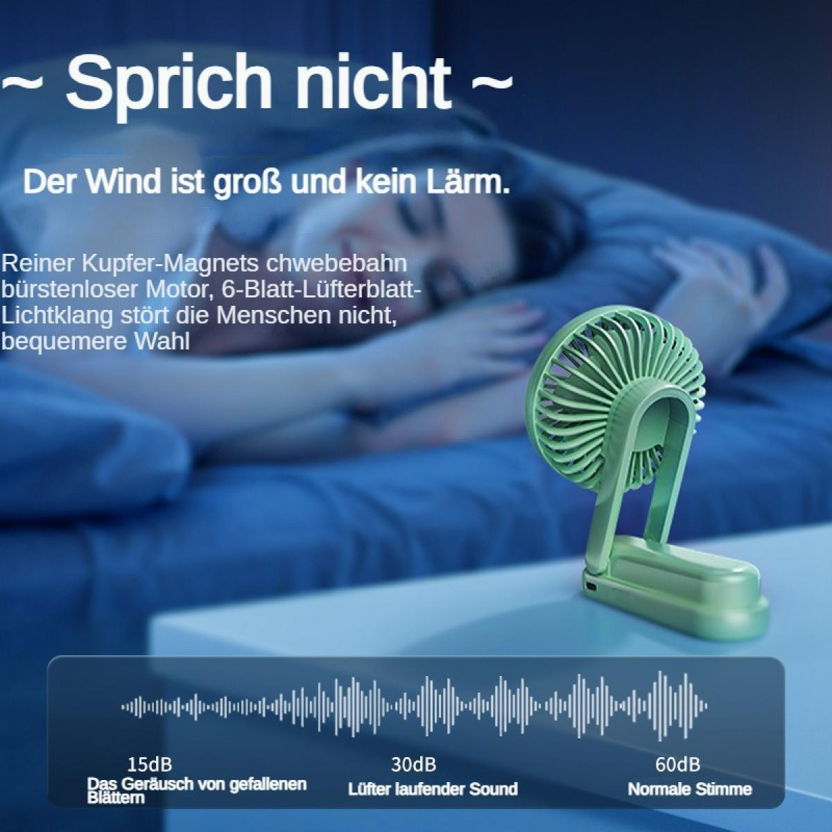 Ein leiser Ventilator neben einer schlafenden Person. Geräuschpegel angezeigt.