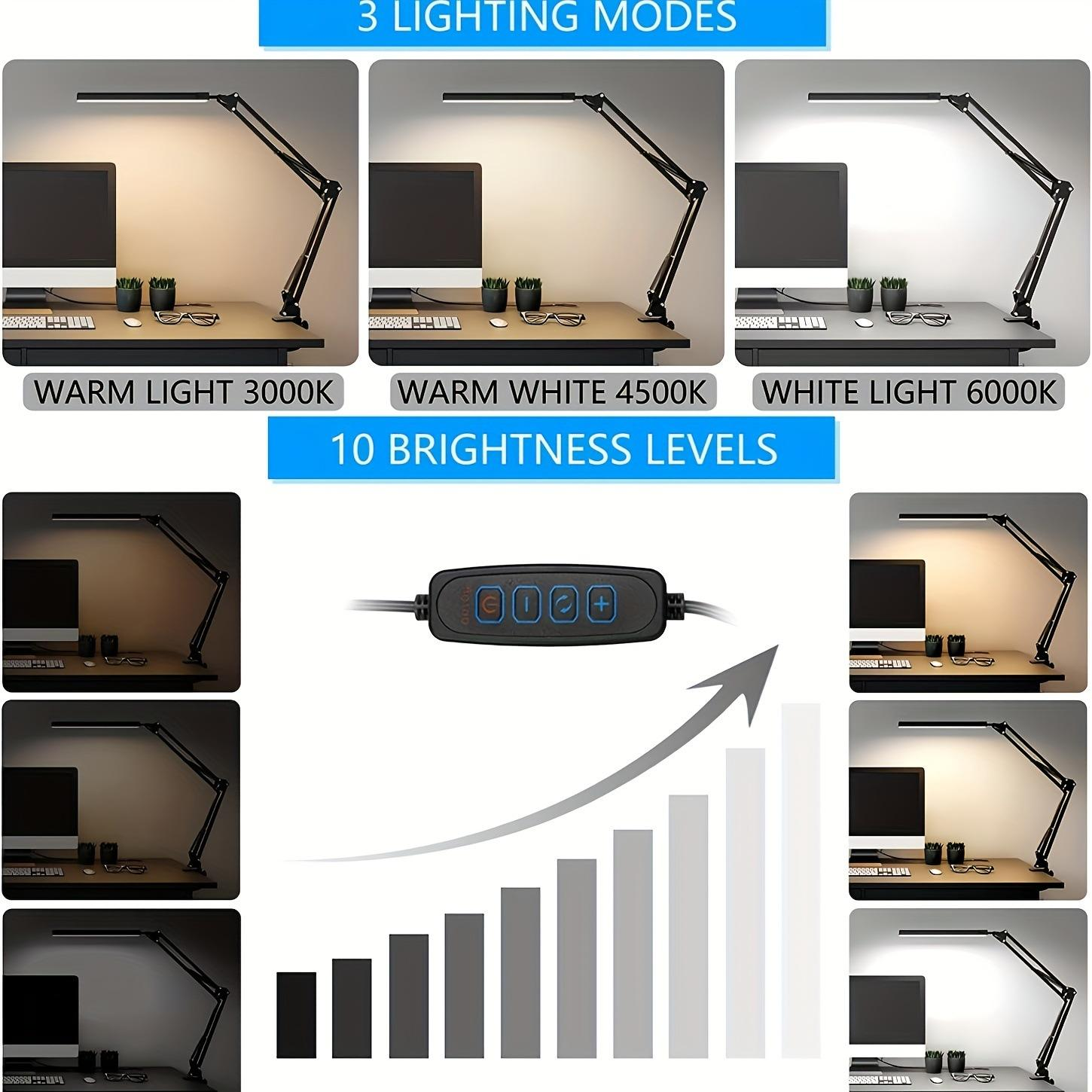 Schreibtischlampe mit verstellbarem Arm, zeigt 3 Lichtmodi und 10 Helligkeitsstufen.