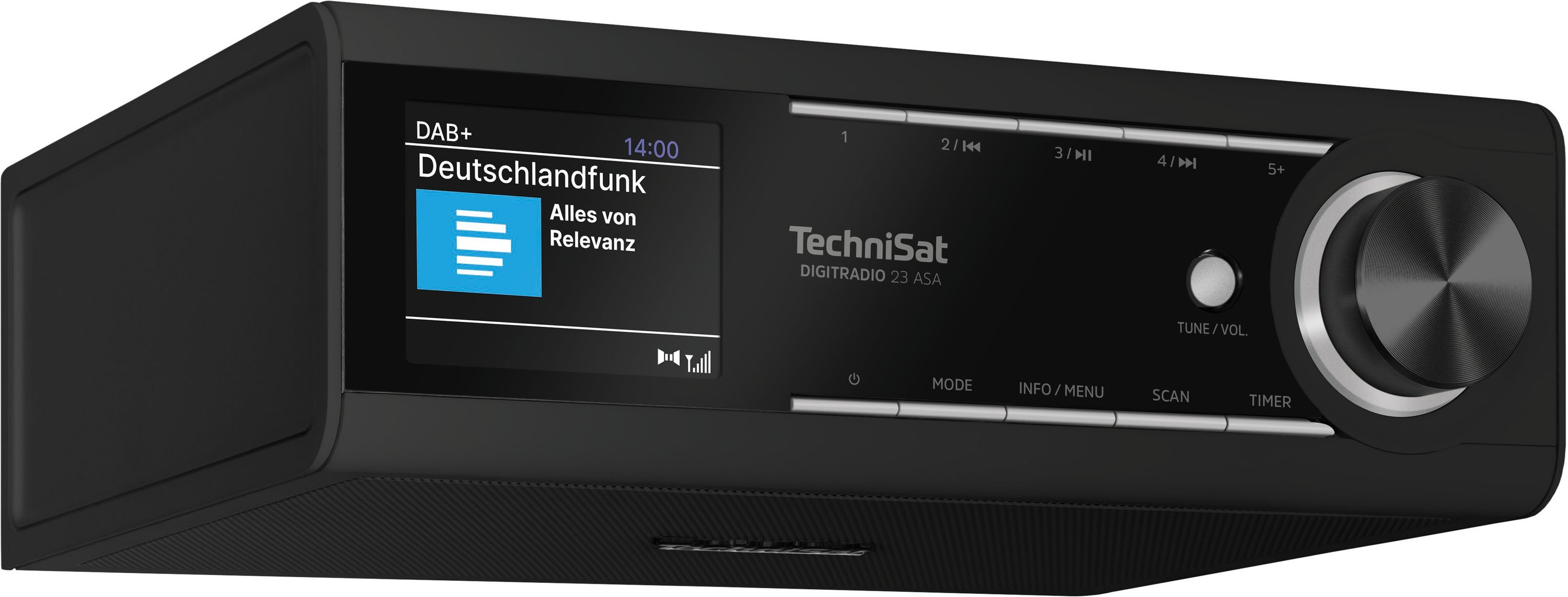 Radio DAB+ TechniSat nera con display che mostra Deutschlandfunk.