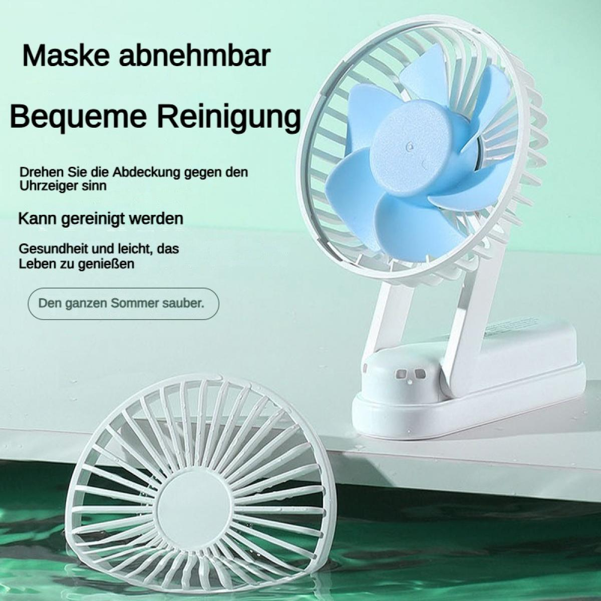 Ein weißer Ventilator mit blauen Rotorblättern und abnehmbarem Gitter.
