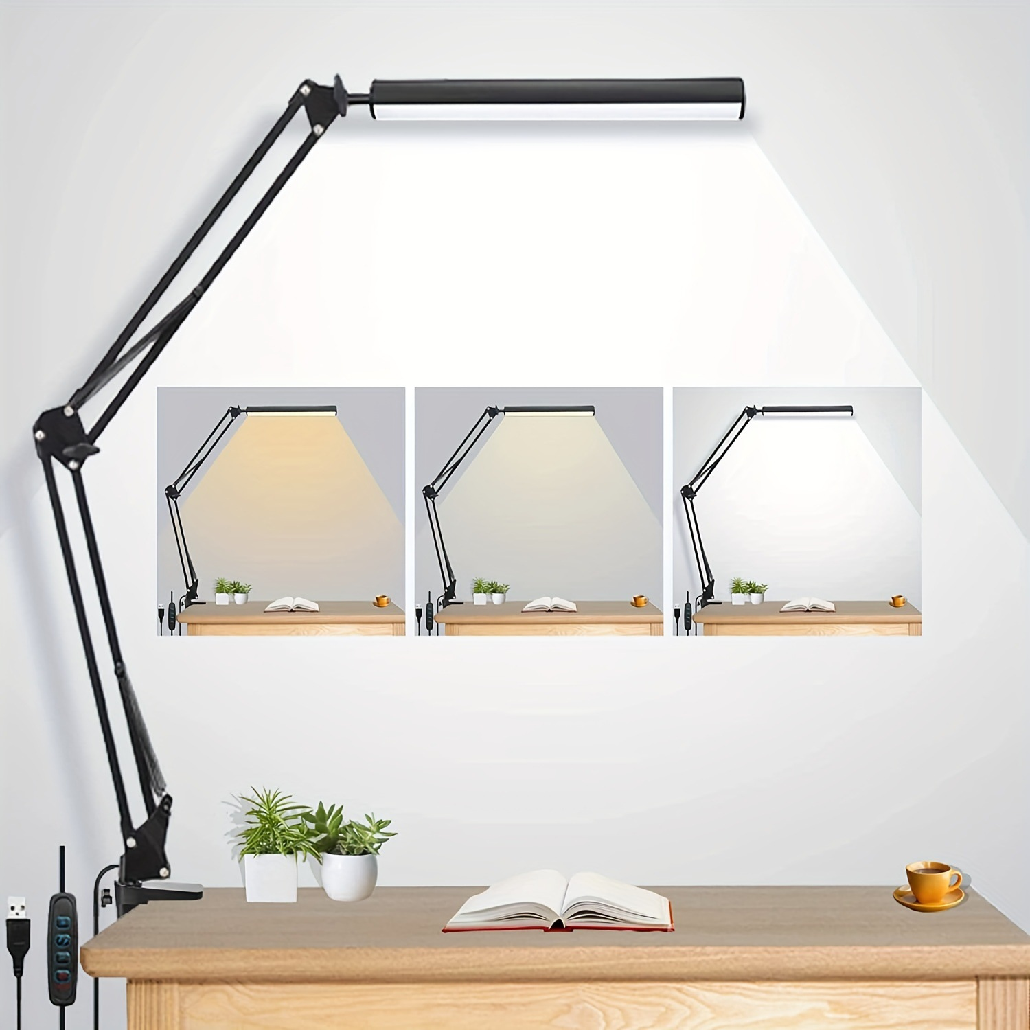 Schwarze Schreibtischlampe mit verstellbarem Arm, beleuchtet einen Schreibtisch mit Buch und Tasse.