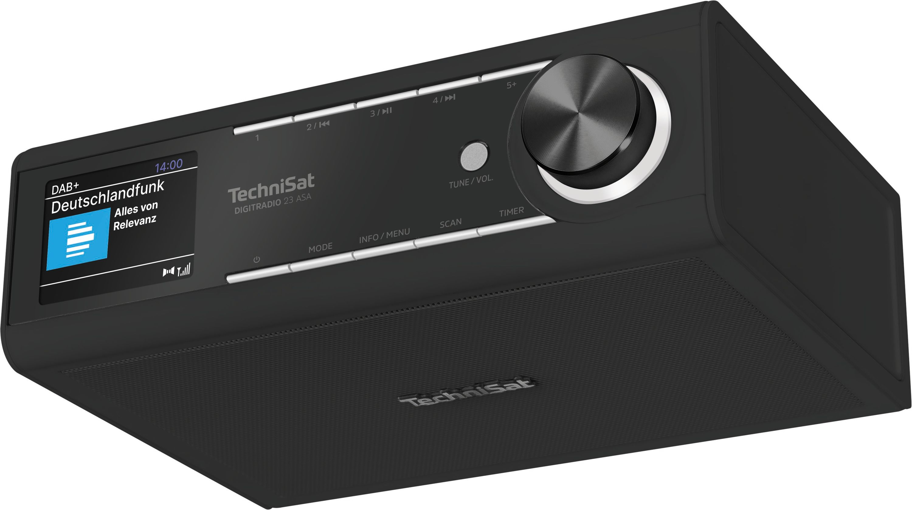 Radio digitale TechniSat nera con display che mostra Deutschlandfunk.