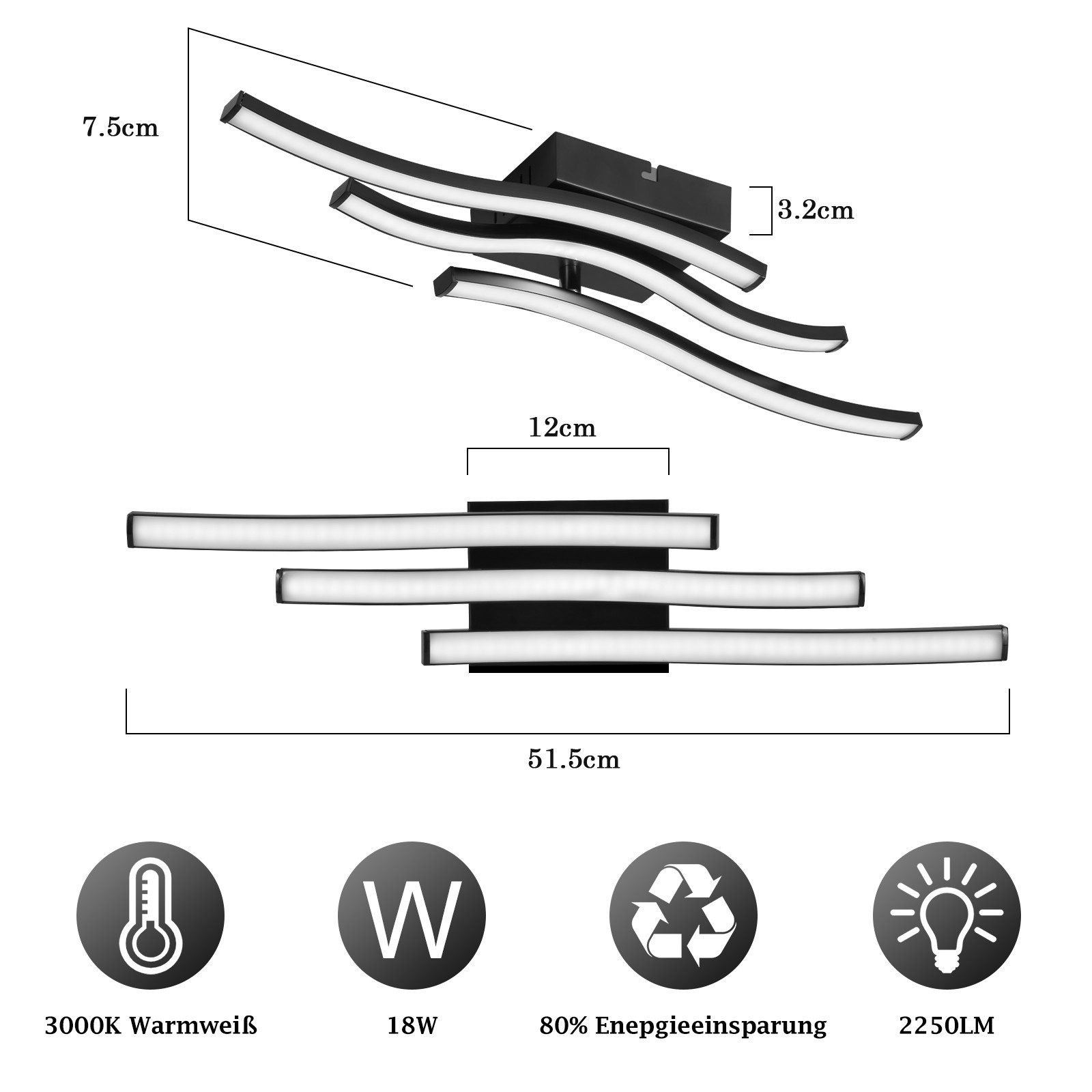 Moderna lampada da soffitto nera con bracci curvi e strisce LED. Dimensioni: 51,5 x 7,5 x 3,2 cm.
