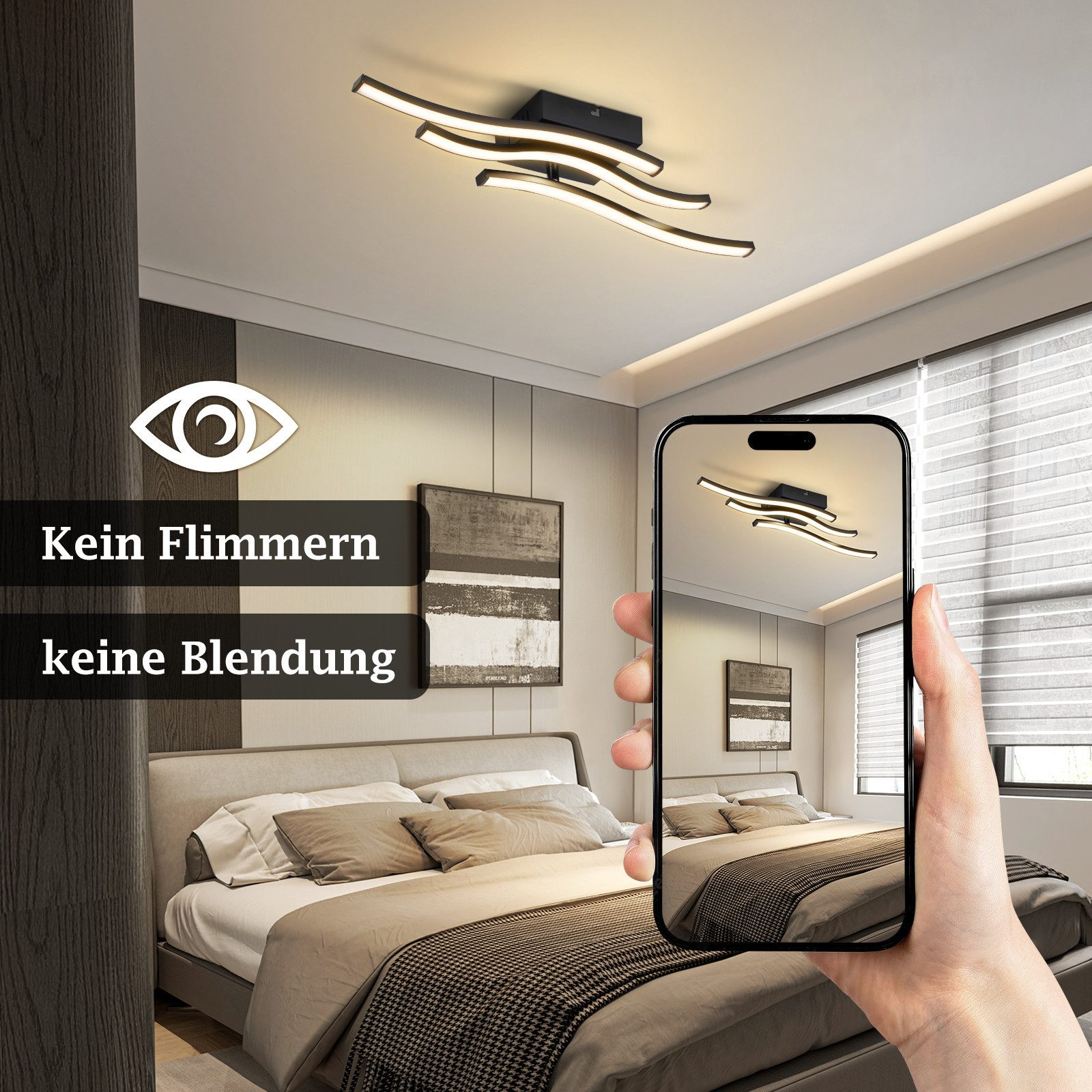 Camera da letto moderna con letto e lampada da soffitto, mostrata su smartphone.