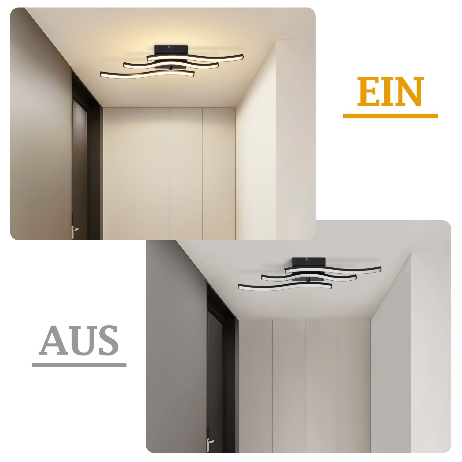 Una moderna lampada da soffitto nera a bracci ondulati, accesa e spenta.