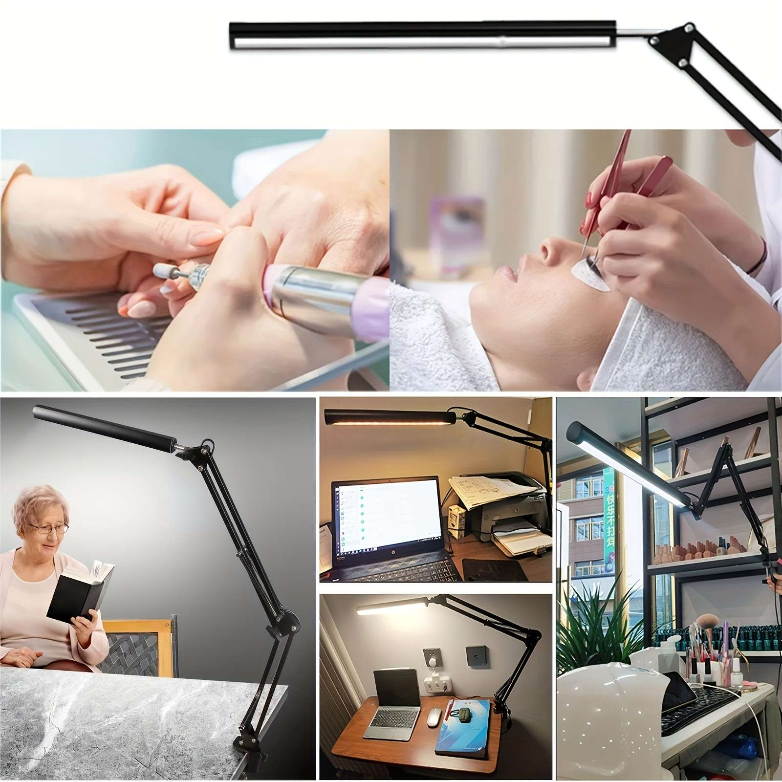 Schwenkarm-Lampe über Maniküre, Wimpernverlängerung, Frau liest, Schreibtisch und Regal.