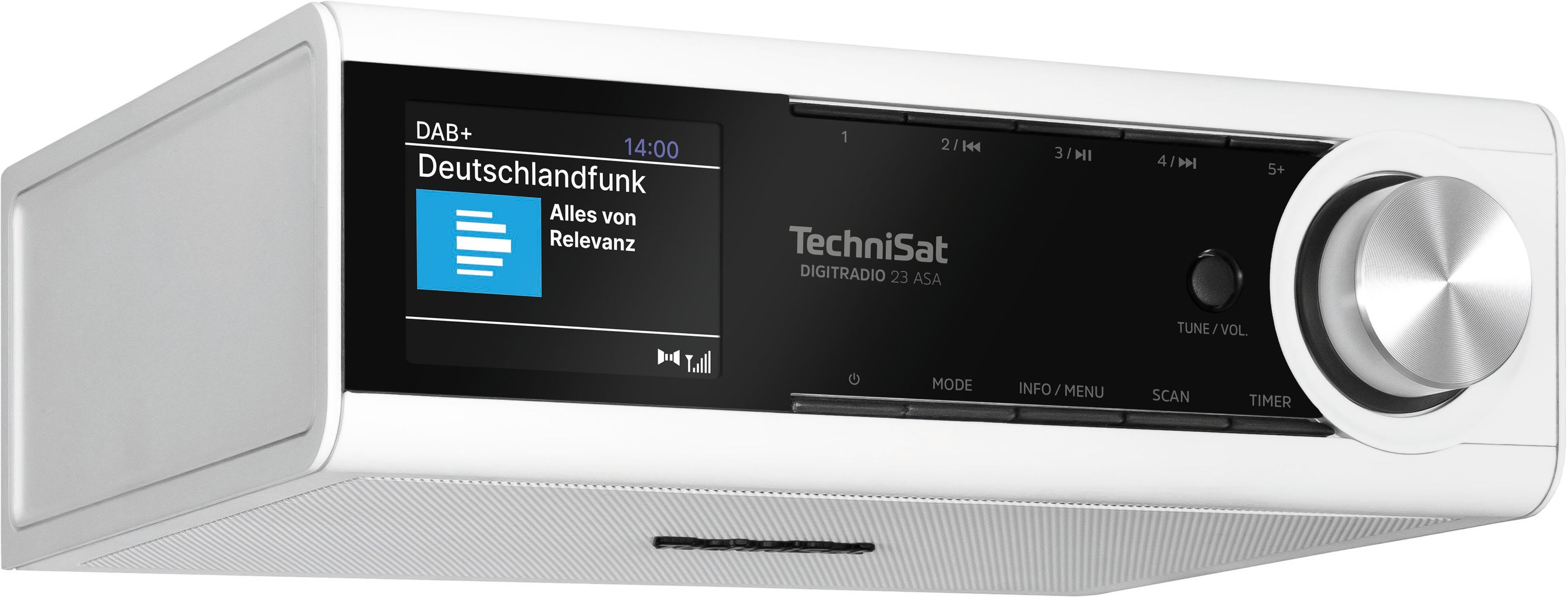 Radio TechniSat DAB+ bianca con manopola girevole argentata e display.