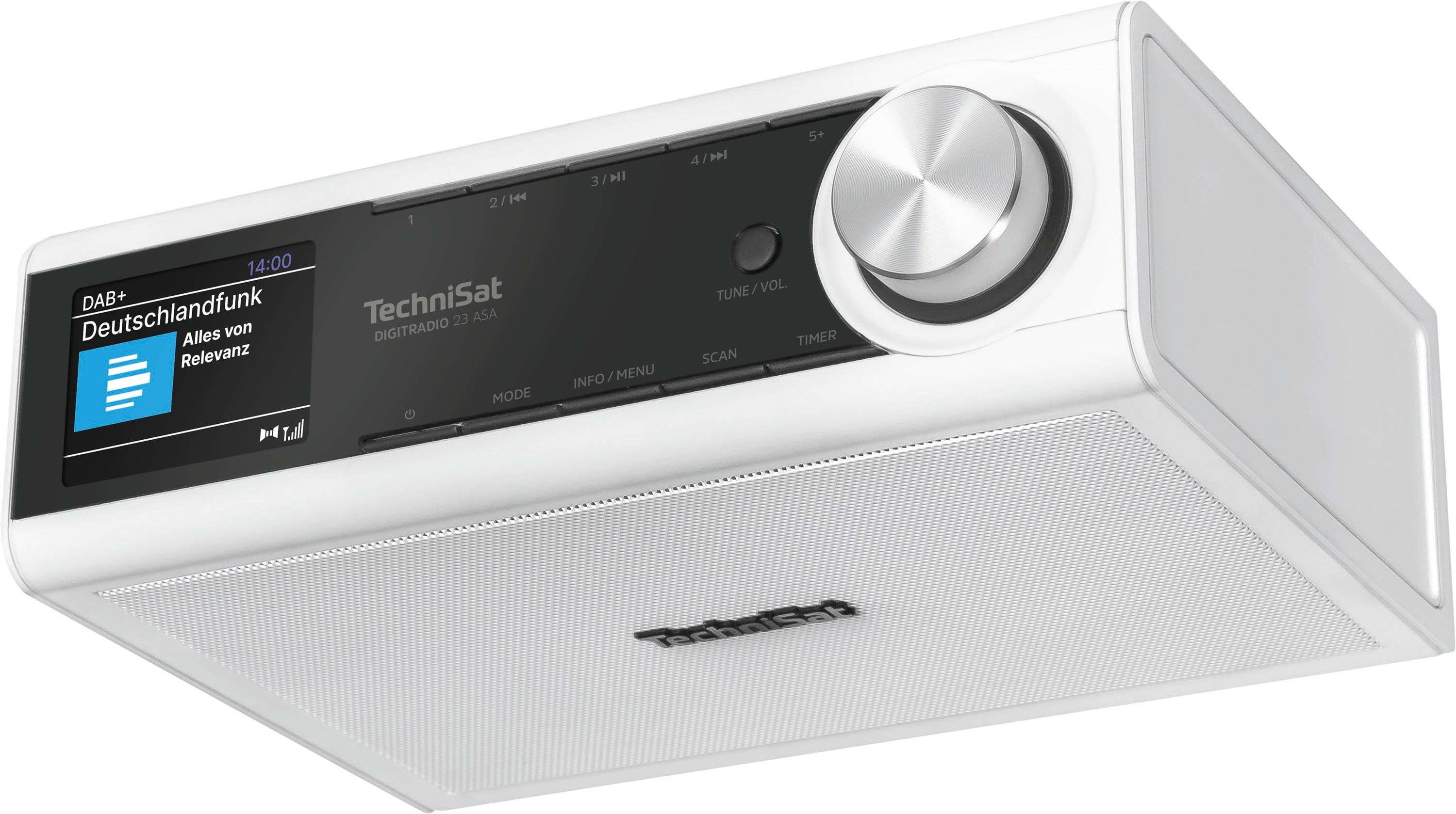 Una radio digitale TechniSat bianca con display, manopola e altoparlante.