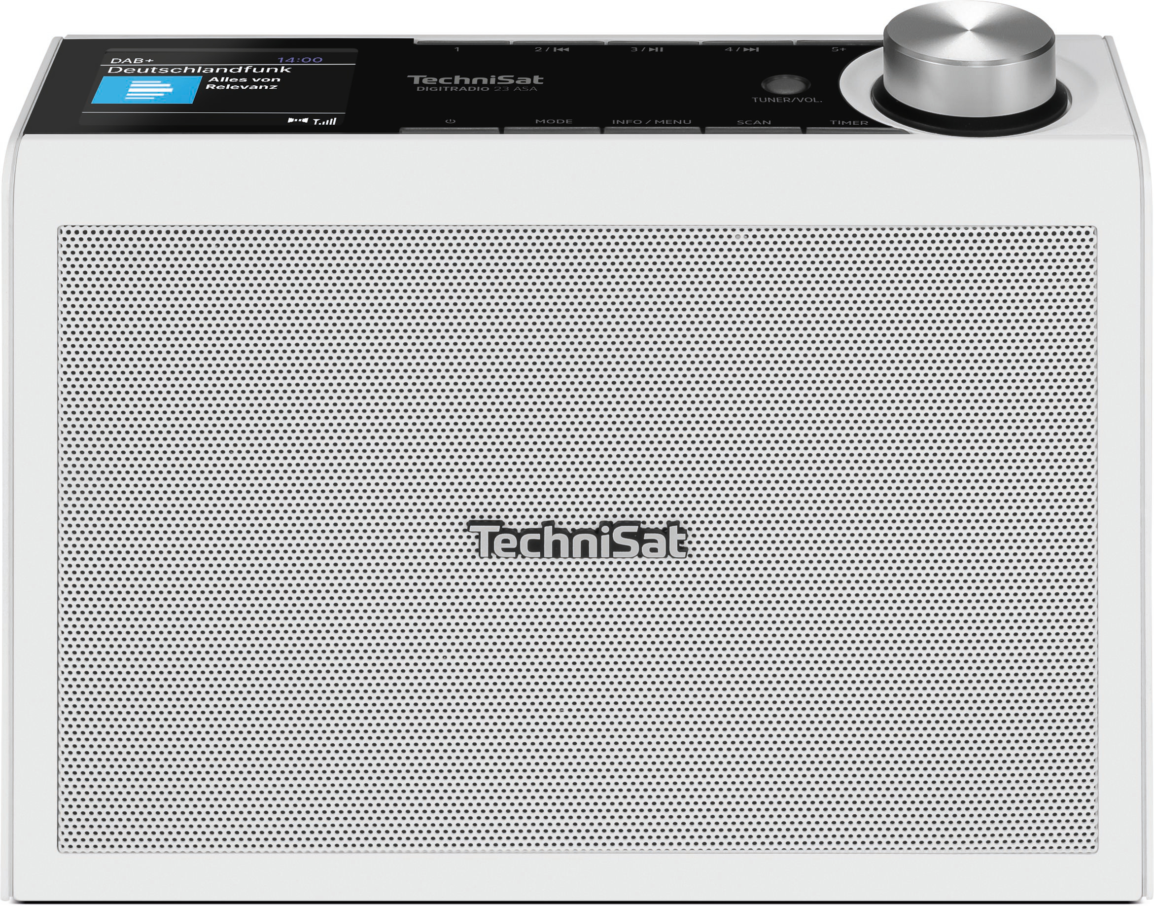 Radio DAB+ TechniSat bianca con griglia altoparlante e display.