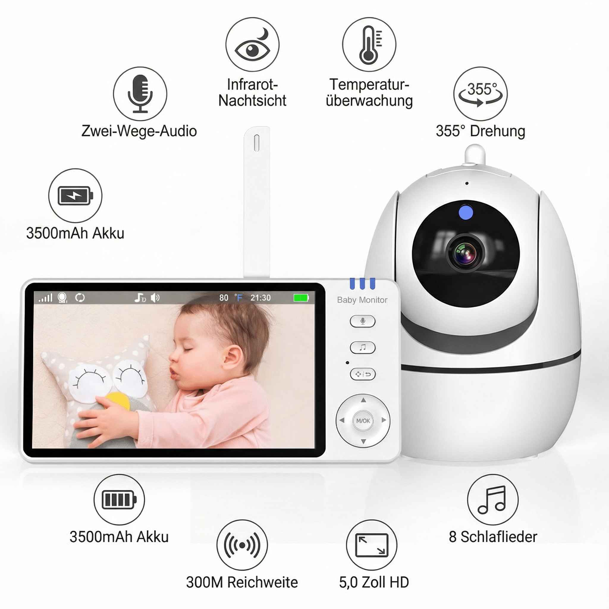 Baby Monitor mit Kamera zeigt Baby und Funktionen wie Nachtsicht, 3500mAh Akku.