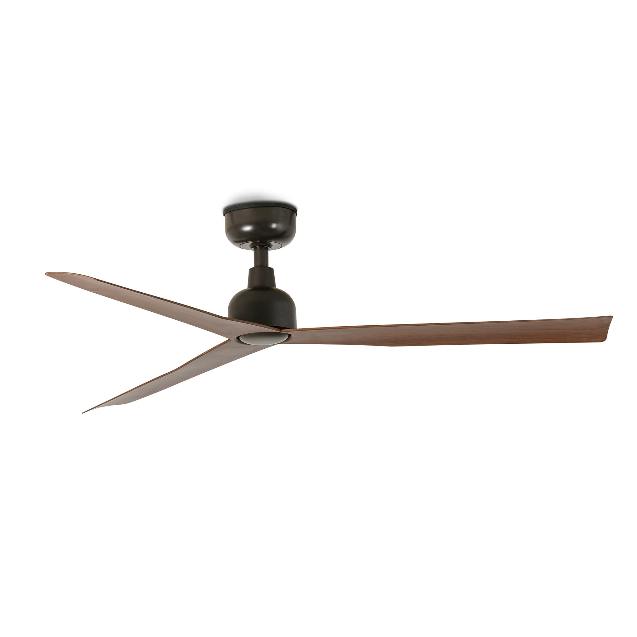 Dunkler Deckenventilator mit drei Holzblättern und dunklem Metallgehäuse.