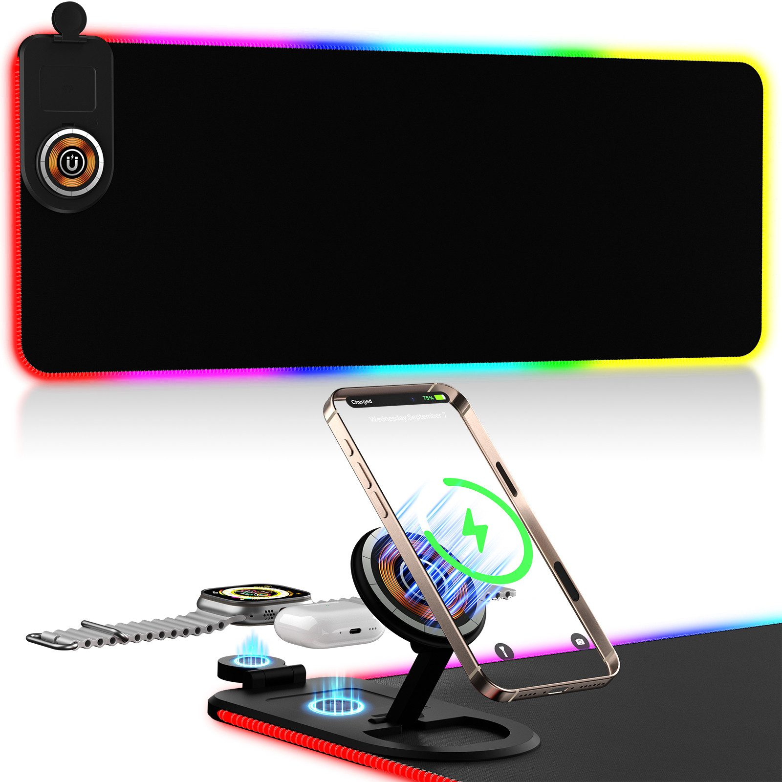 Eine schwarze Mauspad mit RGB-Beleuchtung, ein Handy, eine Uhr und Ohrhörer.