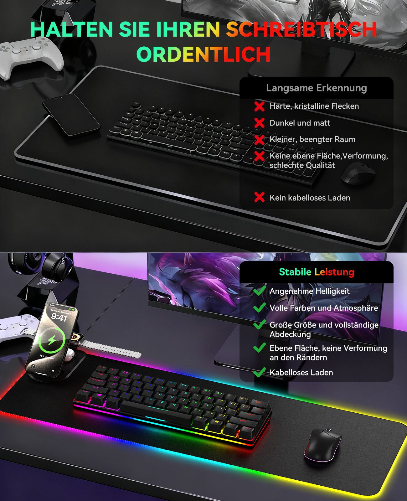 Schreibtisch-Setup mit Tastatur, Maus, Telefon und Kopfhörern, mit und ohne RGB-Beleuchtung.