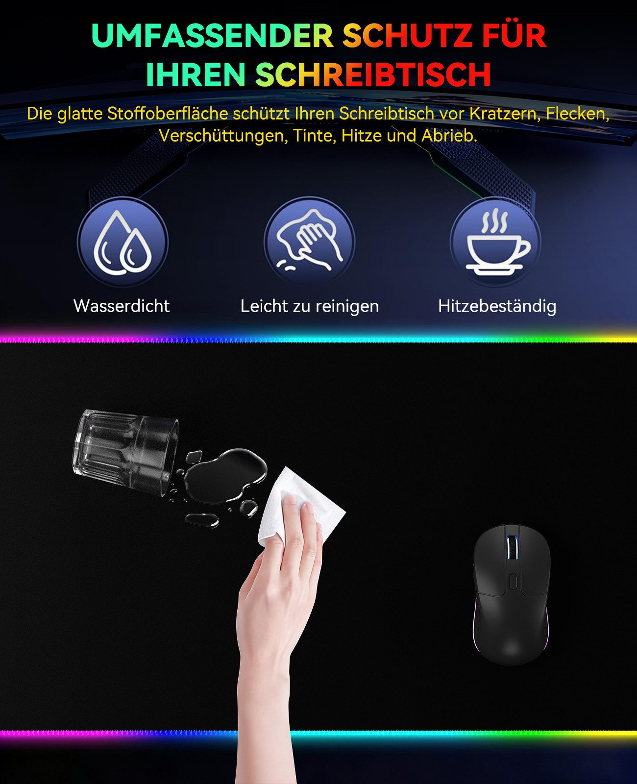 Schreibtischunterlage: Wasserdicht, leicht zu reinigen, hitzebeständig.