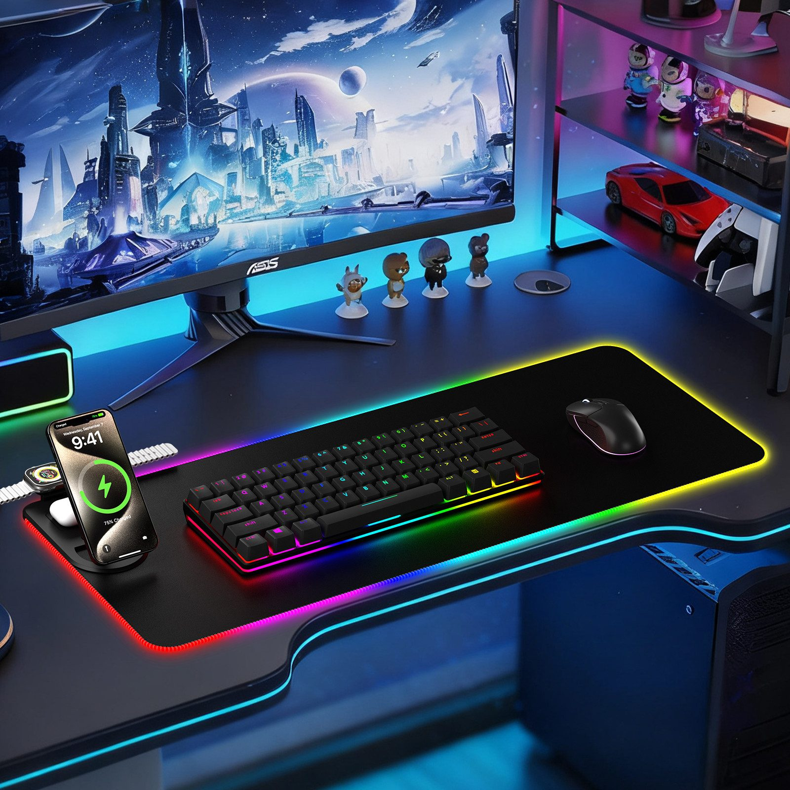 Ein beleuchteter Schreibtisch mit einem futuristischen Bildschirm, Tastatur, Maus und Telefon.
