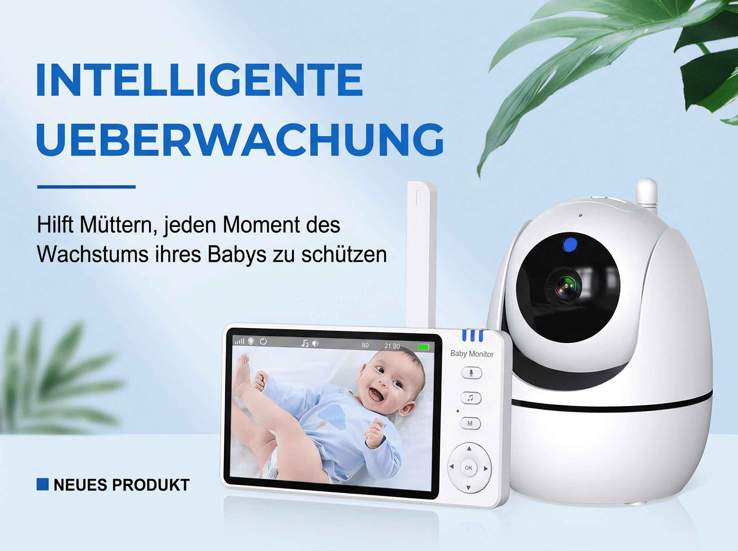 Ein Babyphone mit Kamera und Bildschirm zeigt ein Baby. Text: Intelligente Überwachung.