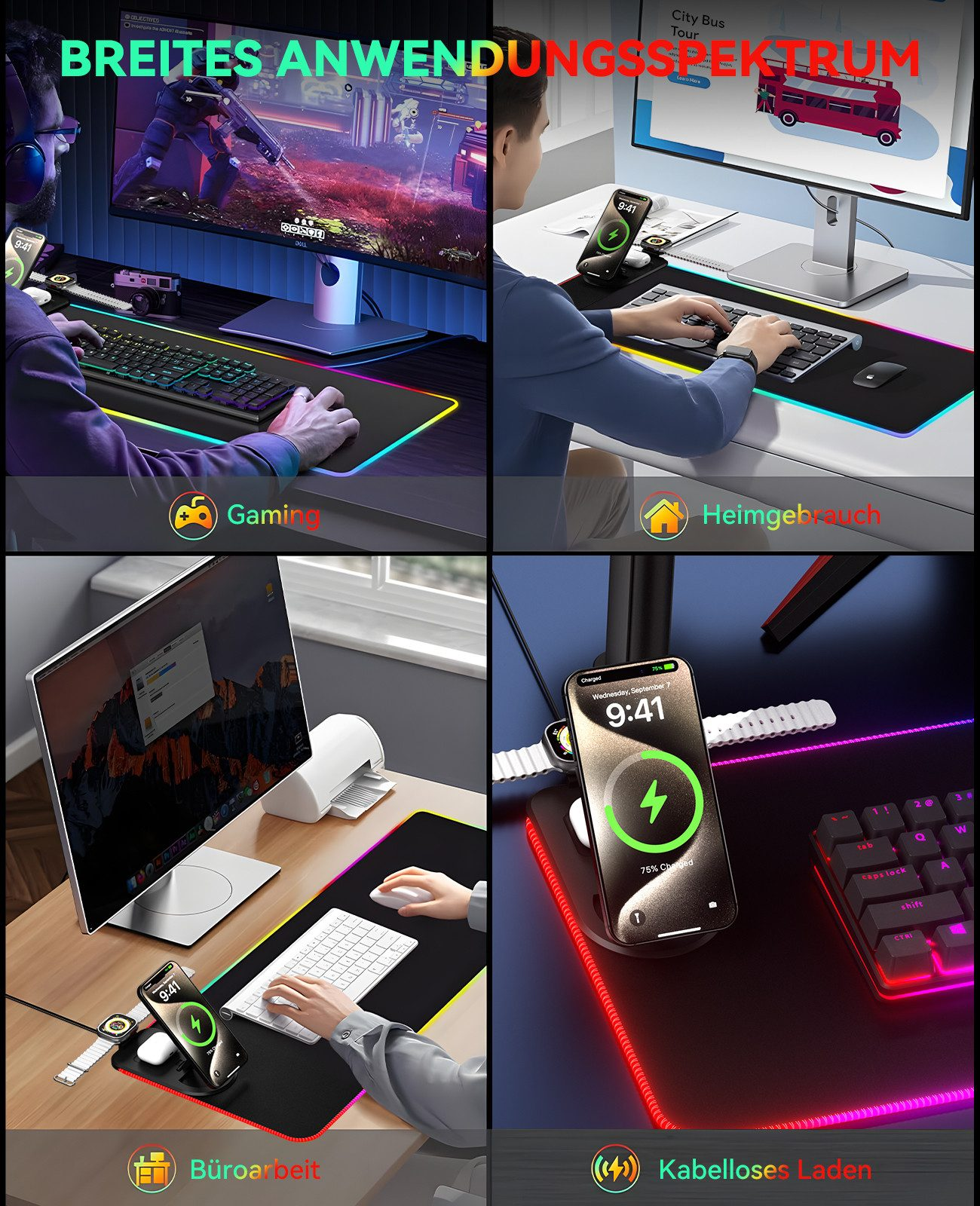 Vier Szenen: Gaming, Heimgebrauch, Büroarbeit, kabelloses Laden mit Geräten.