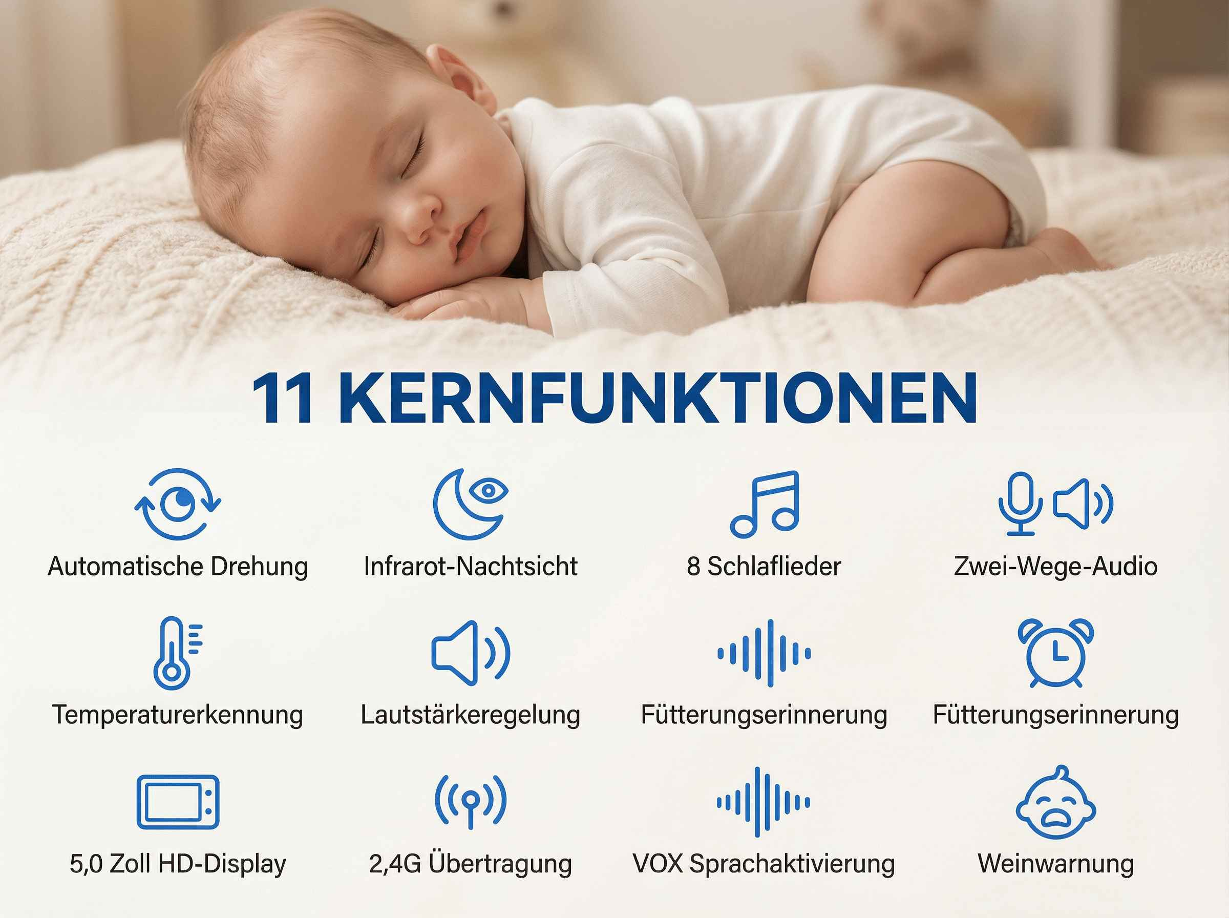 Schlafendes Baby mit 11 Kernfunktionen Babyphone Icons.