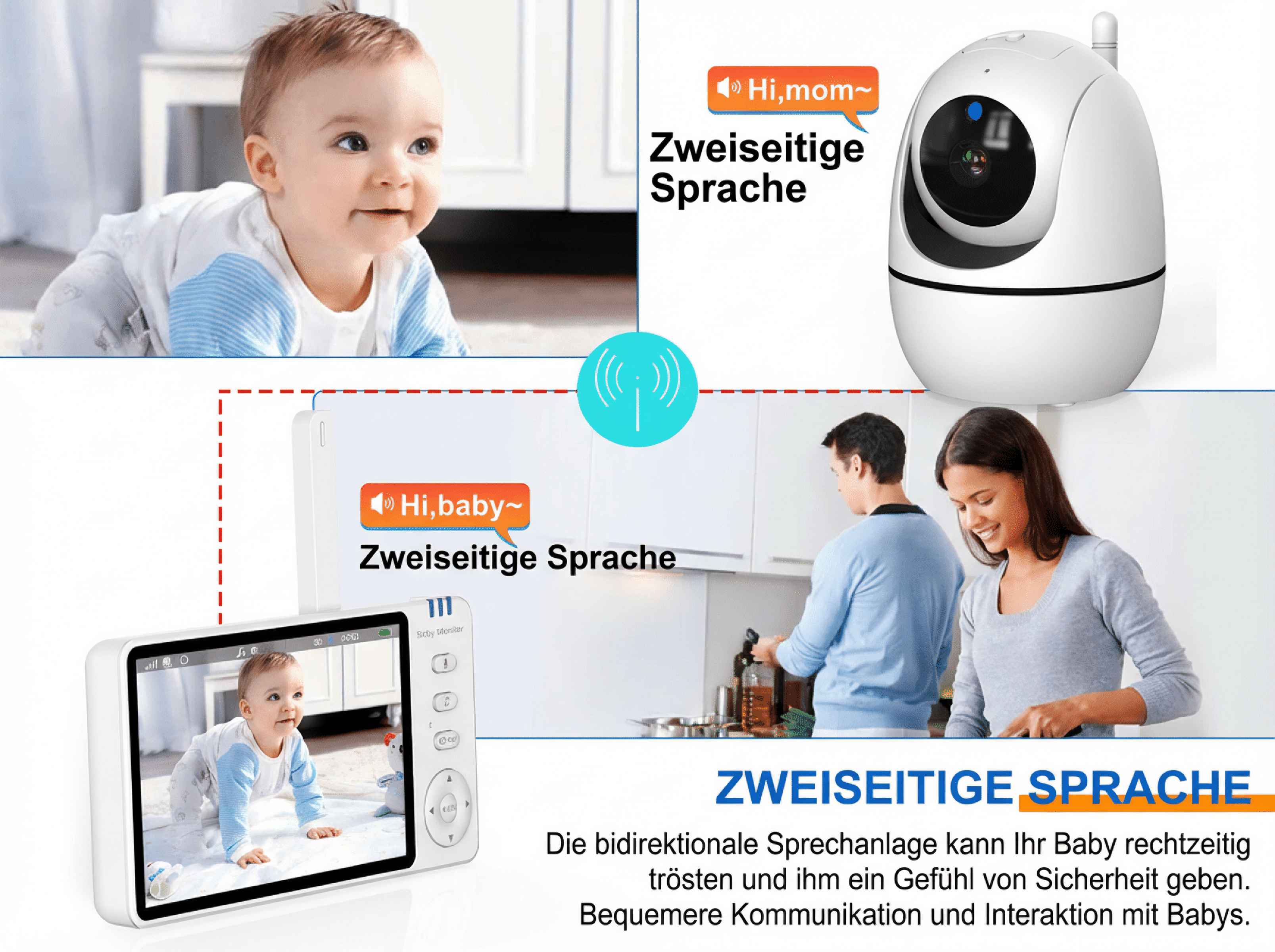 Ein Baby krabbelt, eine Babykamera und Eltern in der Küche.