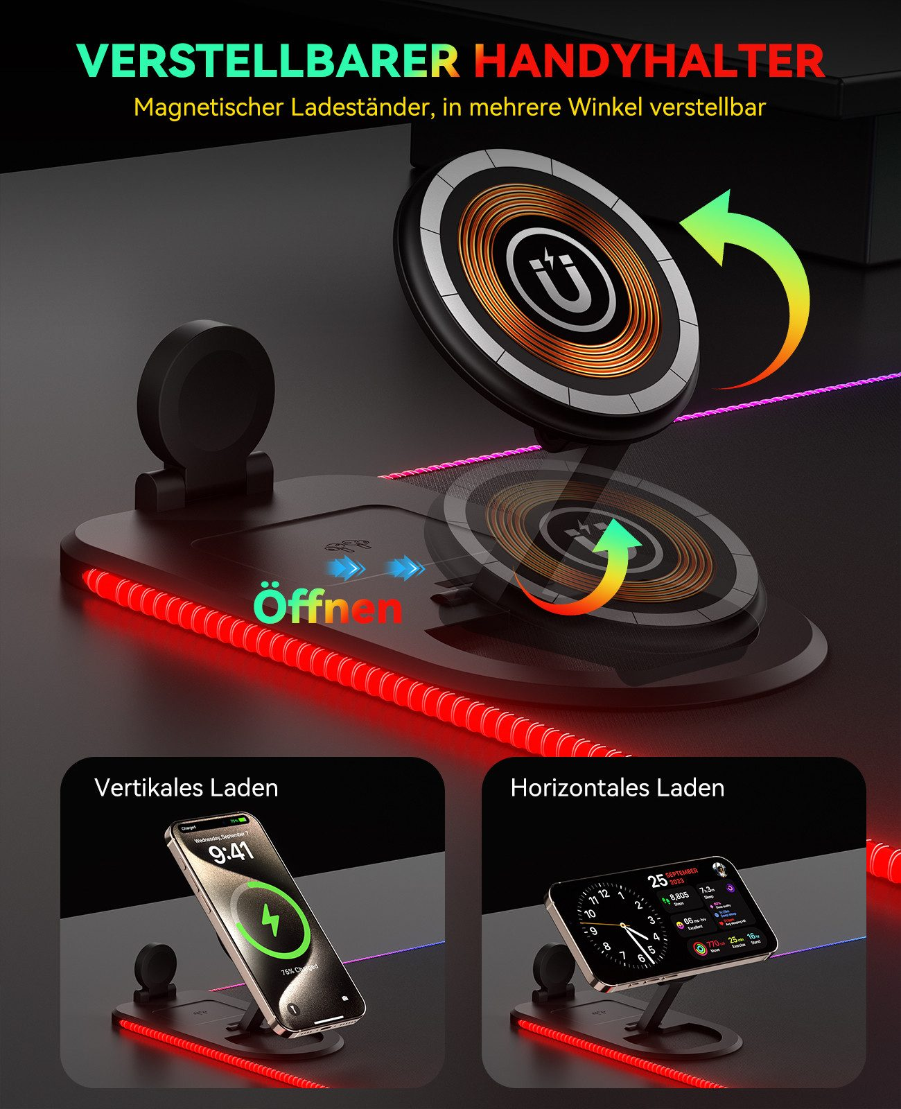 Verstellbarer Magnet-Ladeständer mit zwei Handy-Halterungen und roter LED-Beleuchtung.