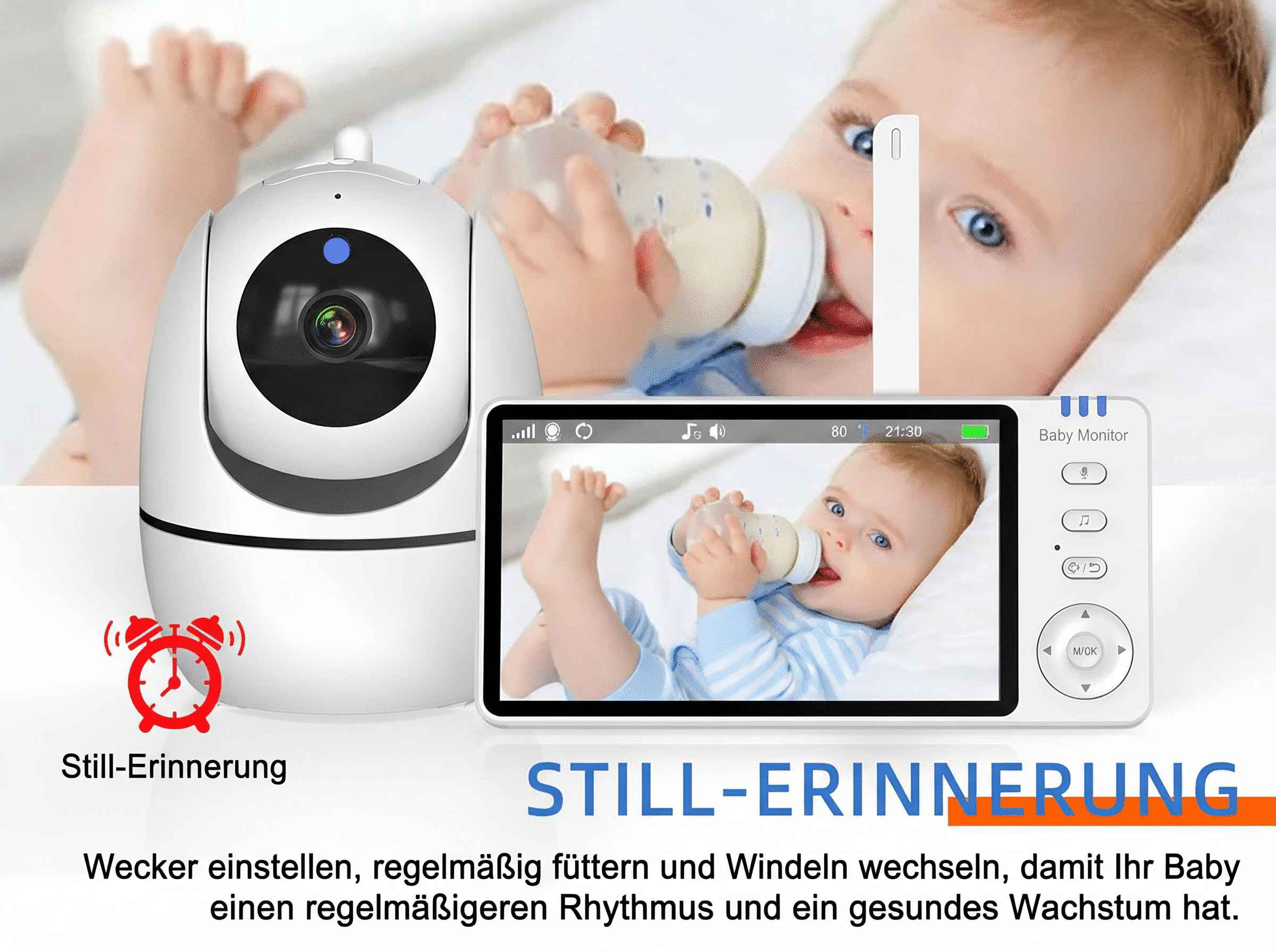 Ein Babyfon zeigt ein Baby, das eine Flasche trinkt. Links ist eine Kamera.