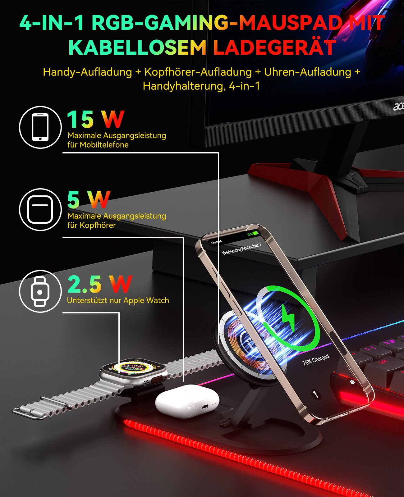4-in-1 Gaming-Mauspad mit Ladefunktion: Handy, Kopfhörer, Uhr.