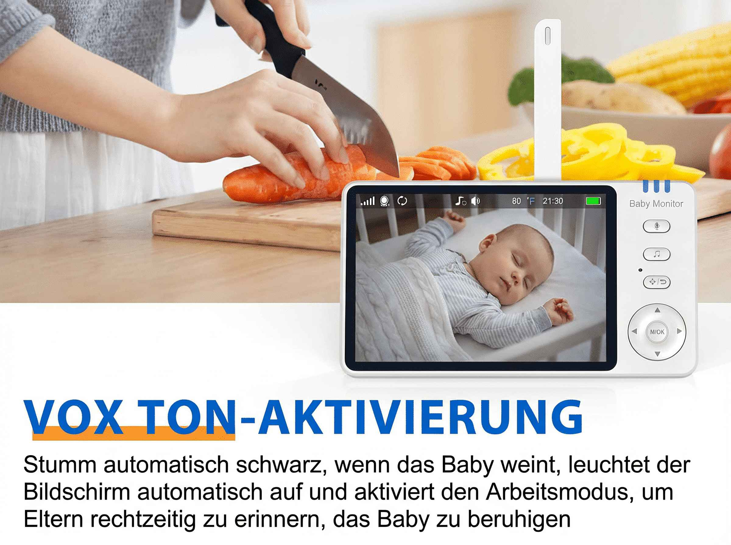 Baby schläft, während Karotten geschnitten werden. Babyphone zeigt die Temperatur an.