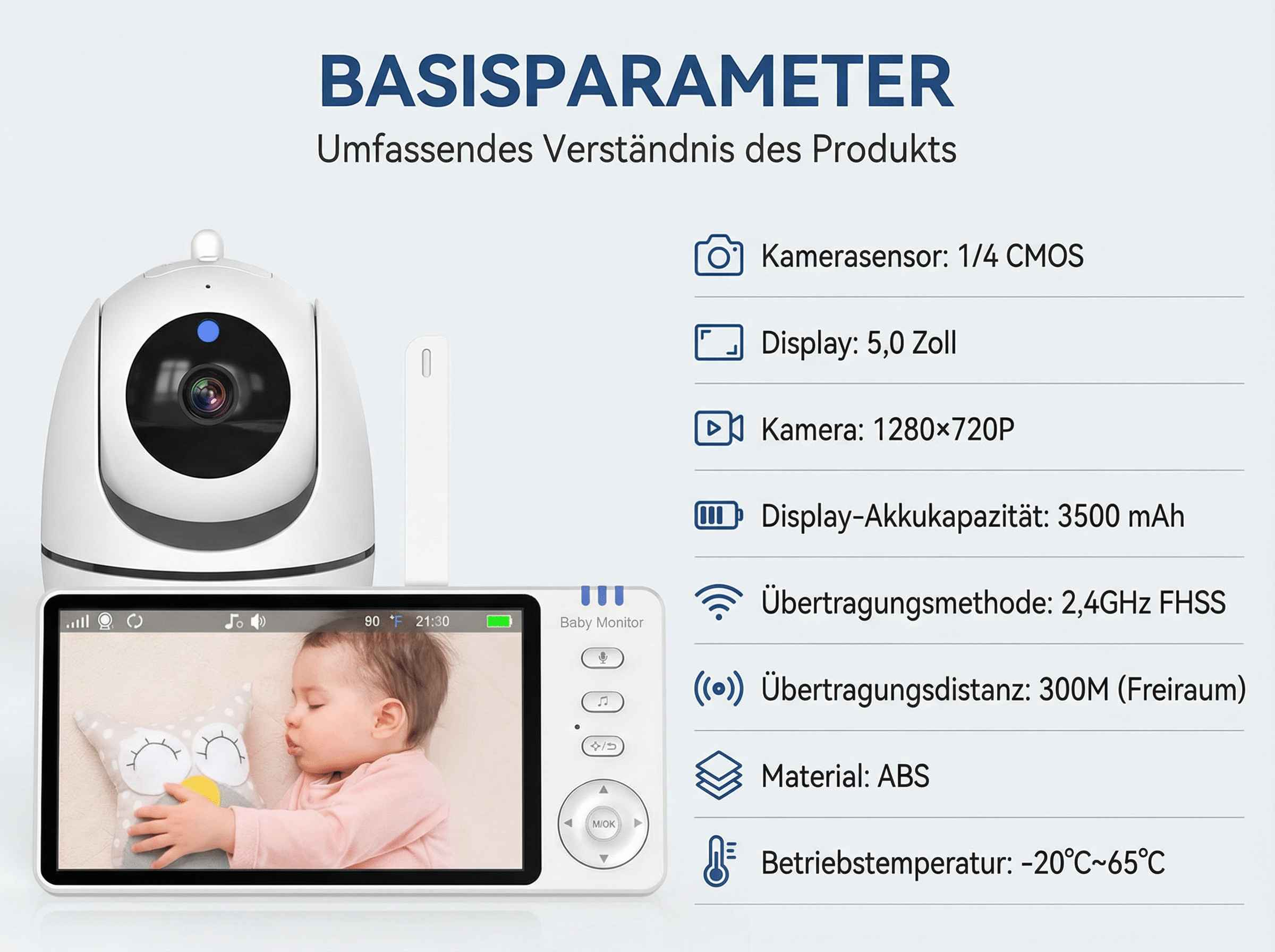 Baby Monitor mit Kamera und 5-Zoll-Display zeigt schlafendes Baby. Spezifikationen aufgelistet.