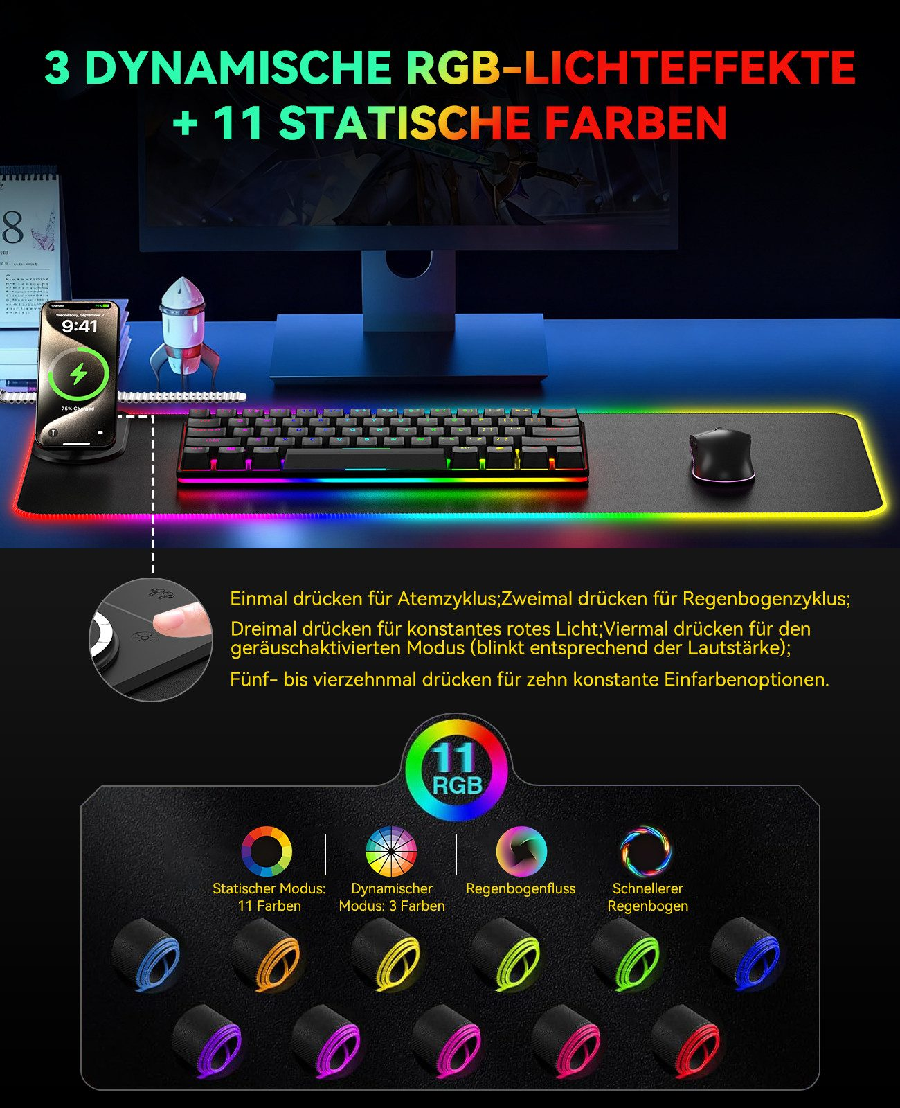 Tastatur und Maus mit RGB-Beleuchtung, Handy lädt, Kalender und Raketenfigur.