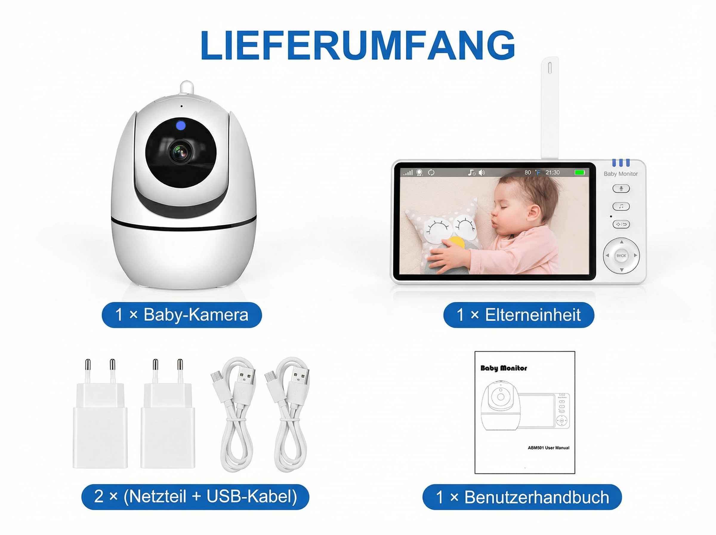 Babyphone: Kamera, Elterneinheit, Netzteile, Kabel & Handbuch.