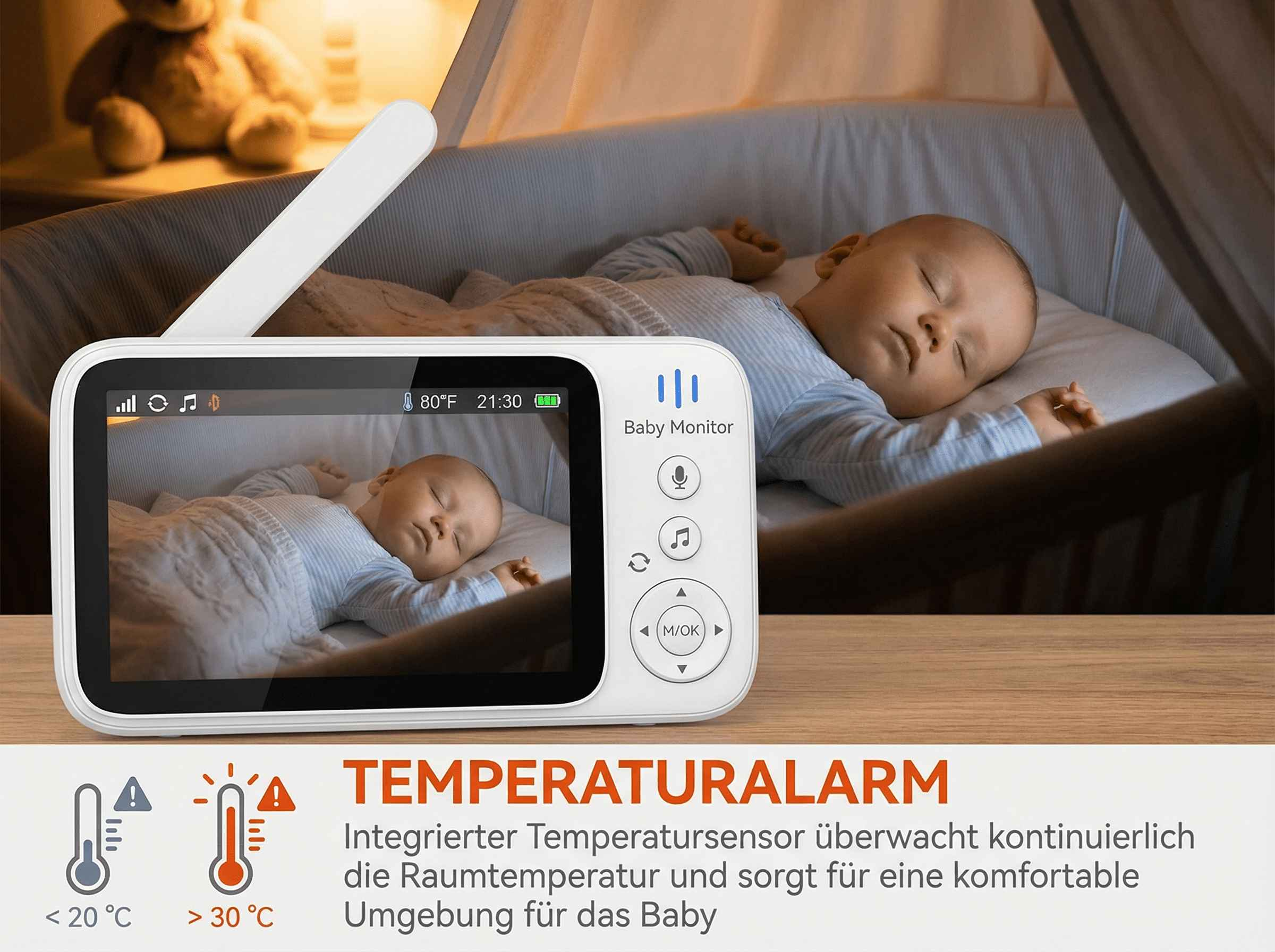 Babyphone zeigt schlafendes Baby, Temperatur 80°F, 21:30 Uhr.
