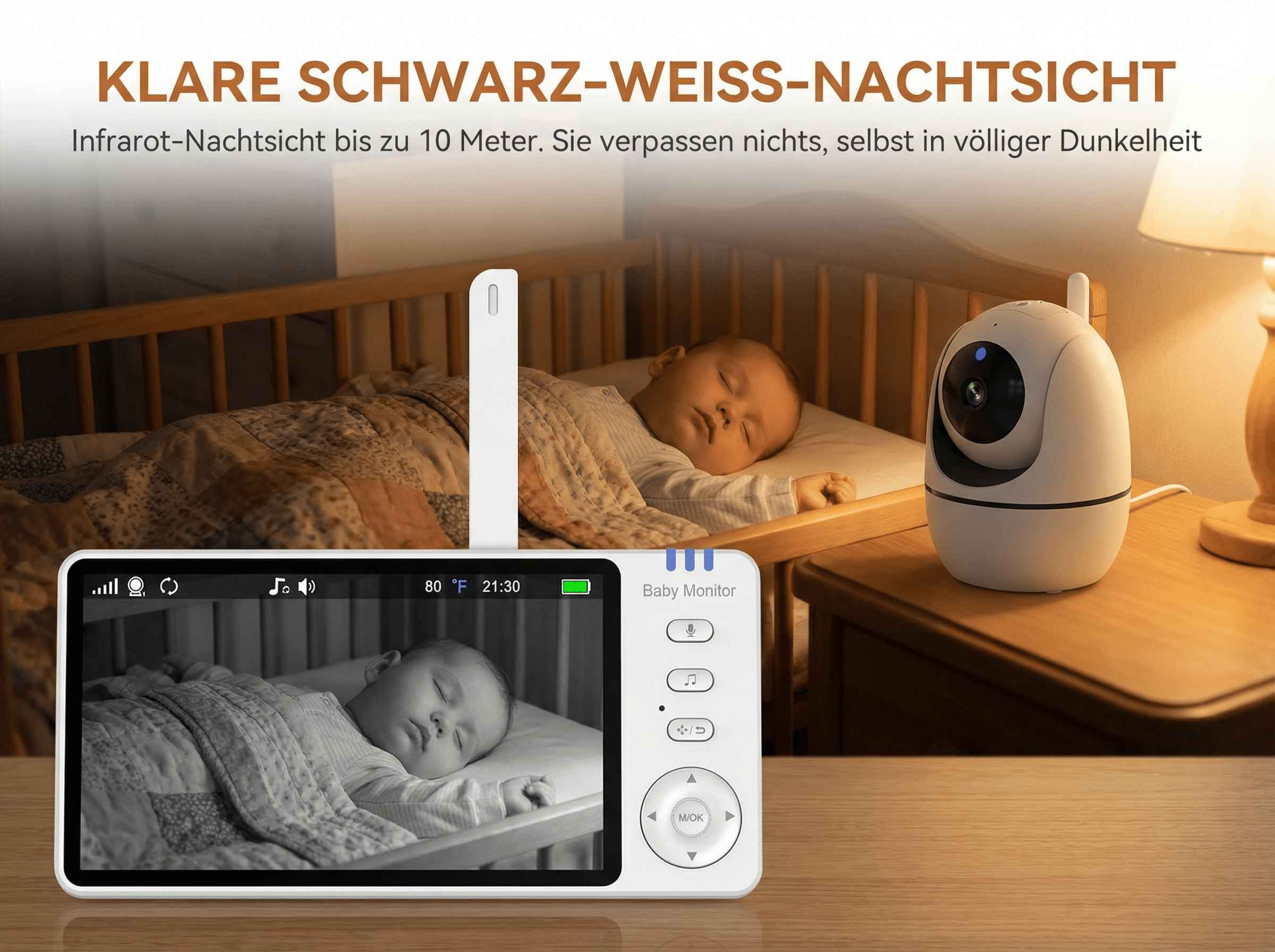 Babyphone zeigt schlafendes Baby in einem Bettchen. Schwarz-Weiß-Nachtsicht.