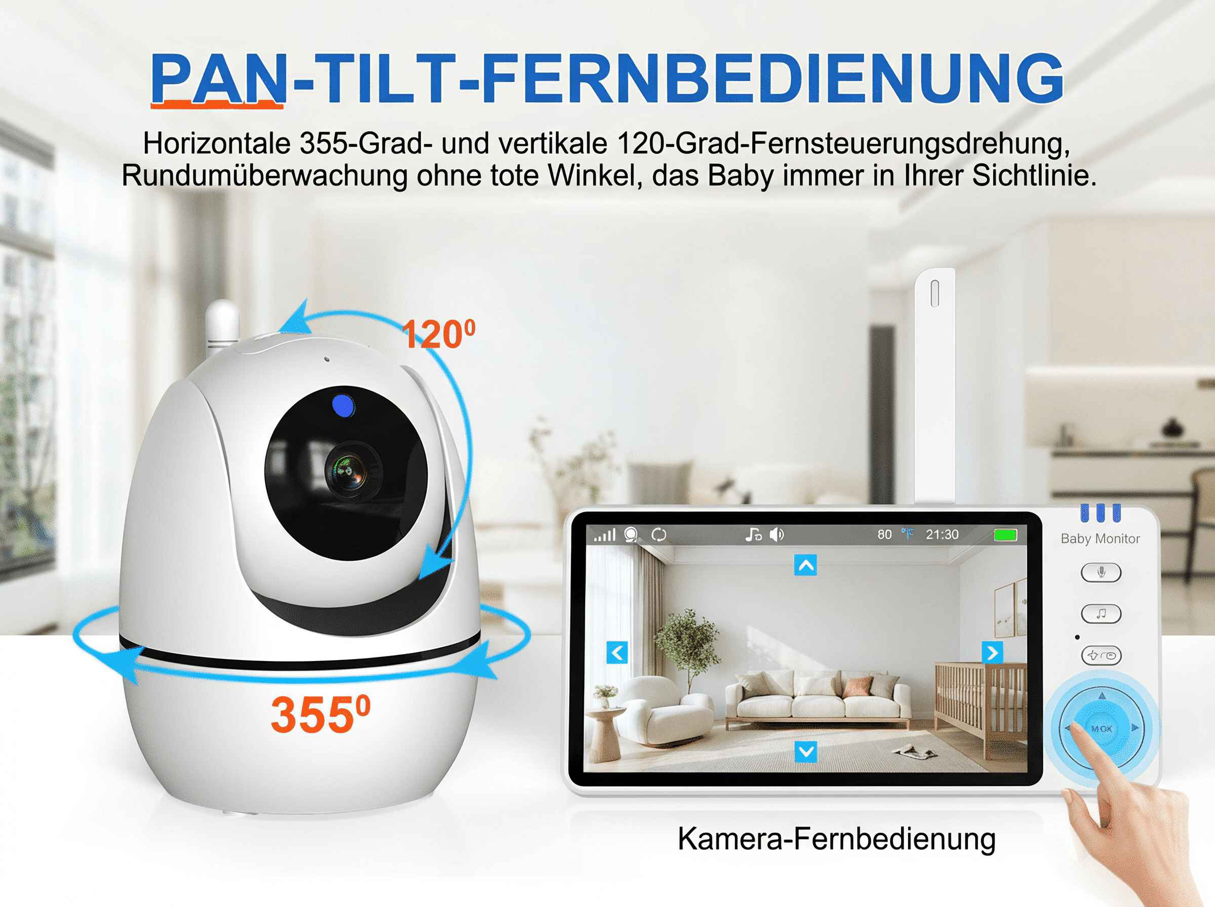 Babykamera mit Fernbedienung: 355° horizontal, 120° vertikal, Vollbildansicht.