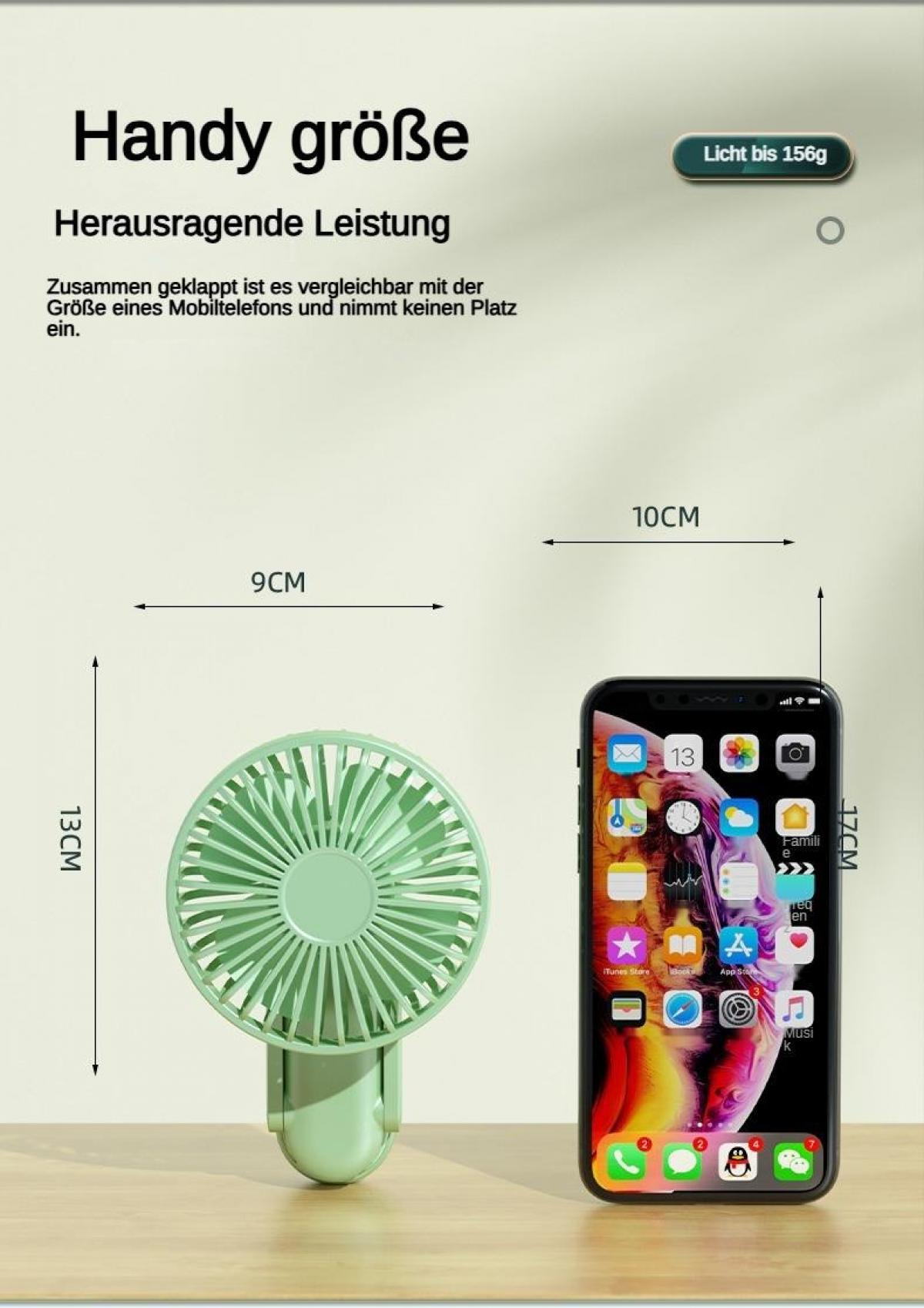 Ein grüner Ventilator (9x13cm) neben einem Smartphone (10x17cm).
