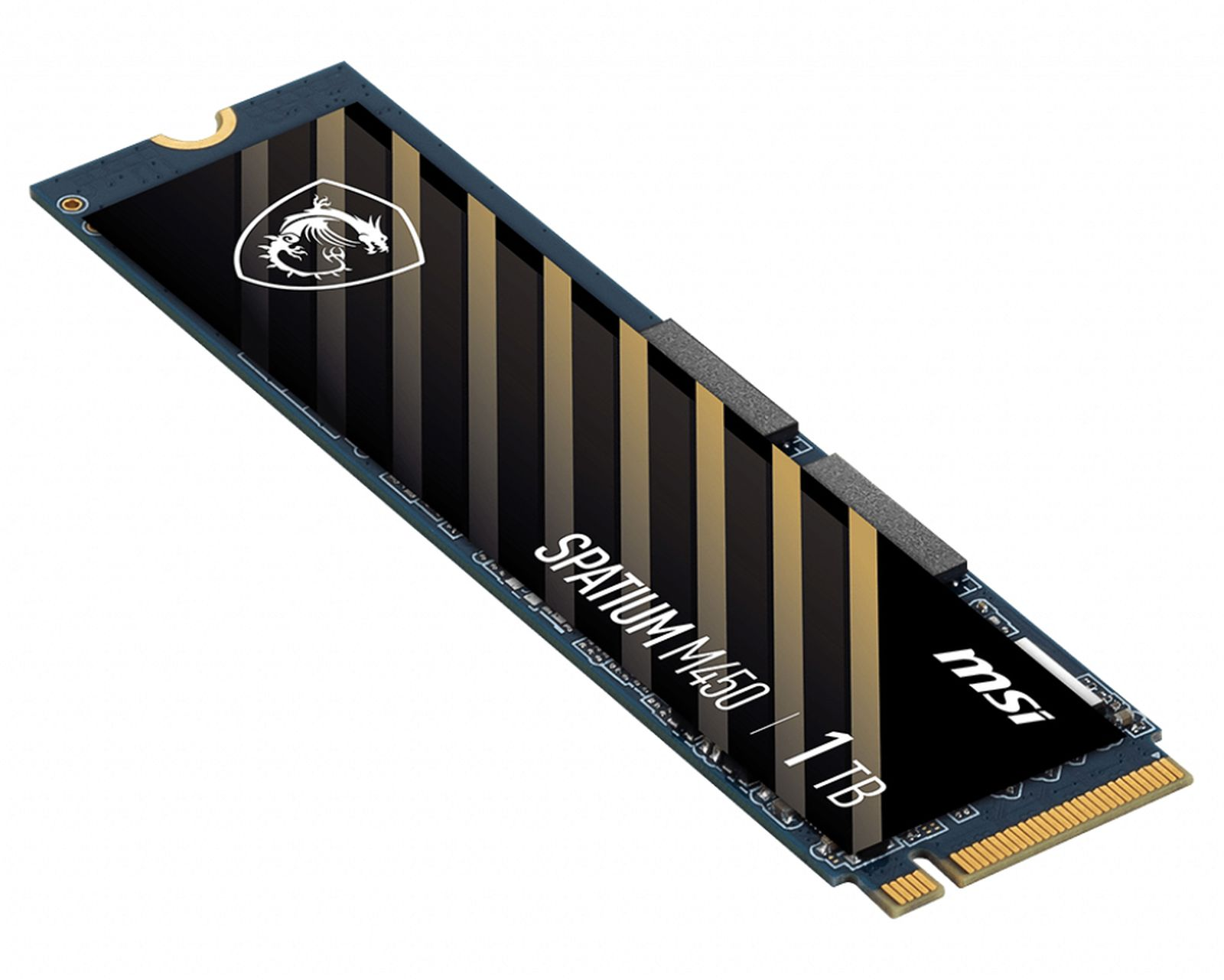 Dysk SSD NVMe MSI SPATIUM M450 1TB z czarną naklejką i złotymi paskami.