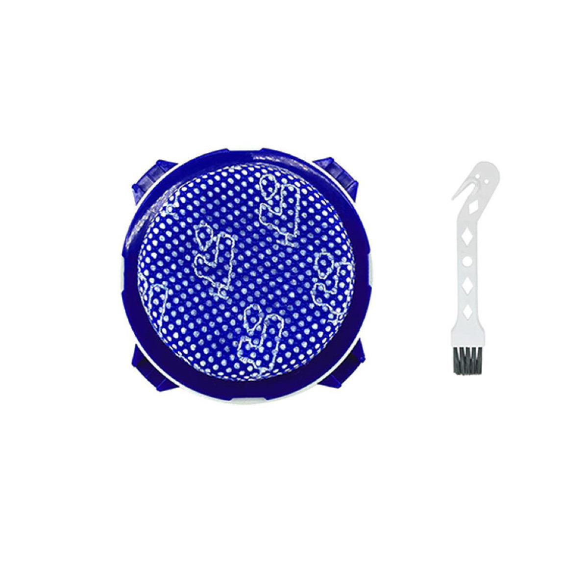 Filtro aspirapolvere blu con motivo bianco e uno strumento spazzola di pulizia bianco.