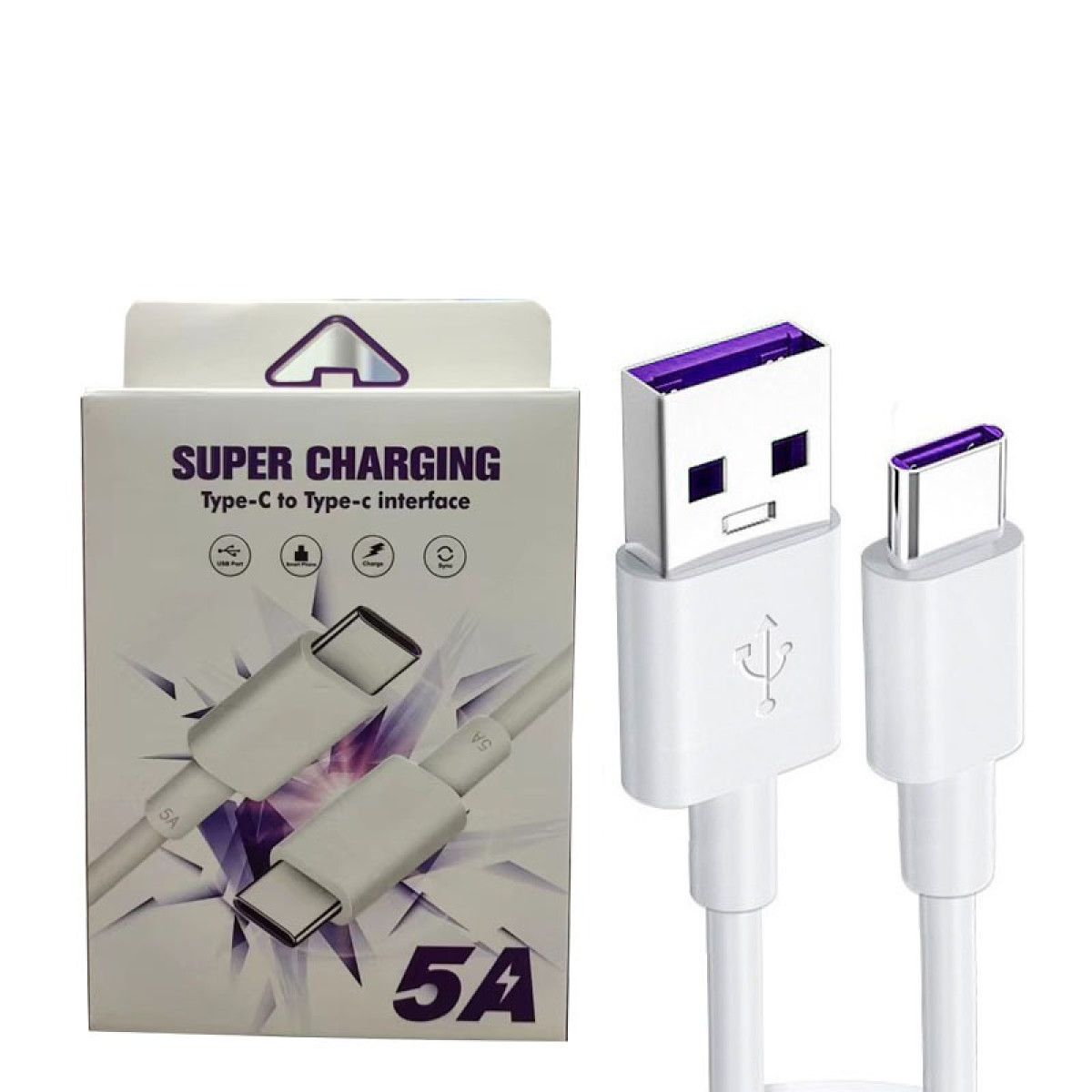 Ein weißes USB-C-Ladekabel mit lila Akzenten neben seiner Verpackung.
