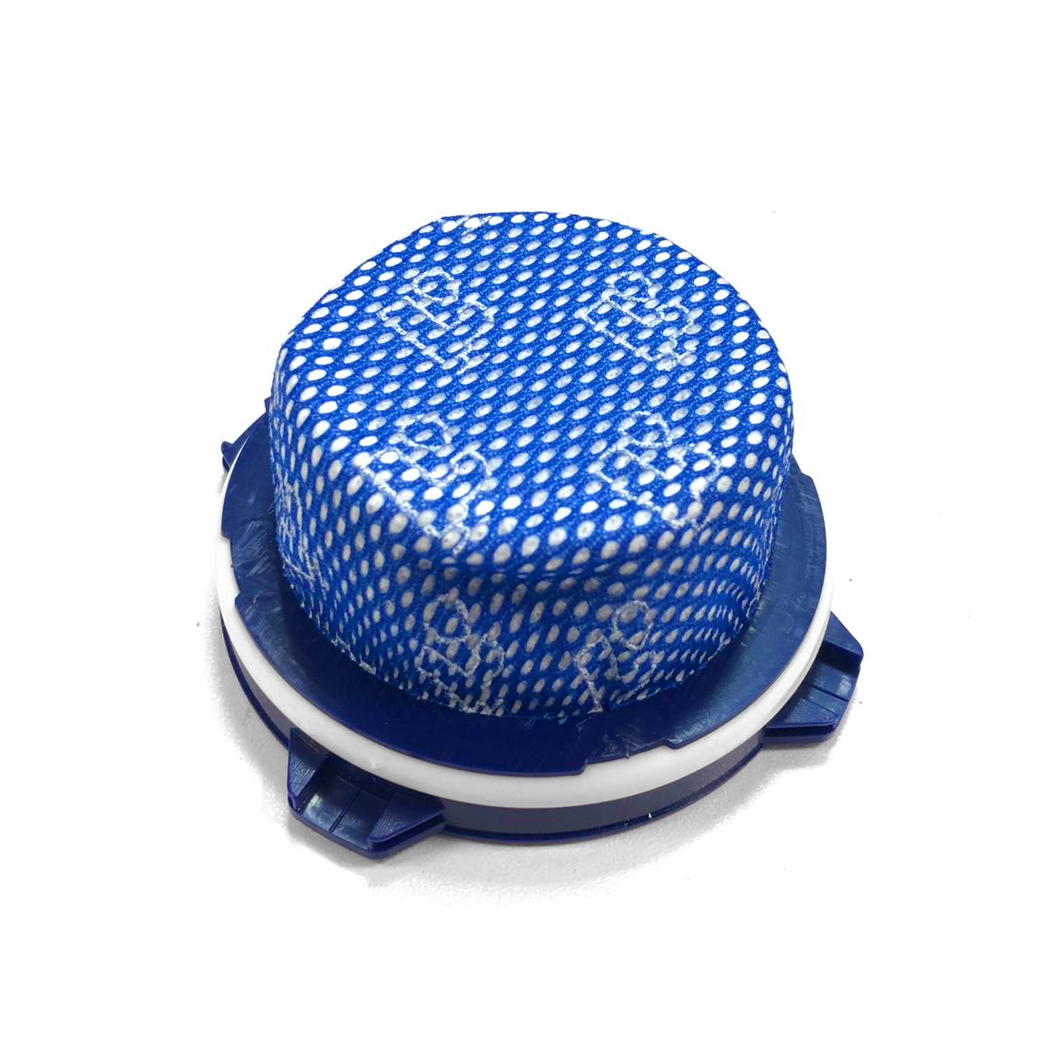 Un filtro antipolvere blu con motivo bianco su sfondo bianco.