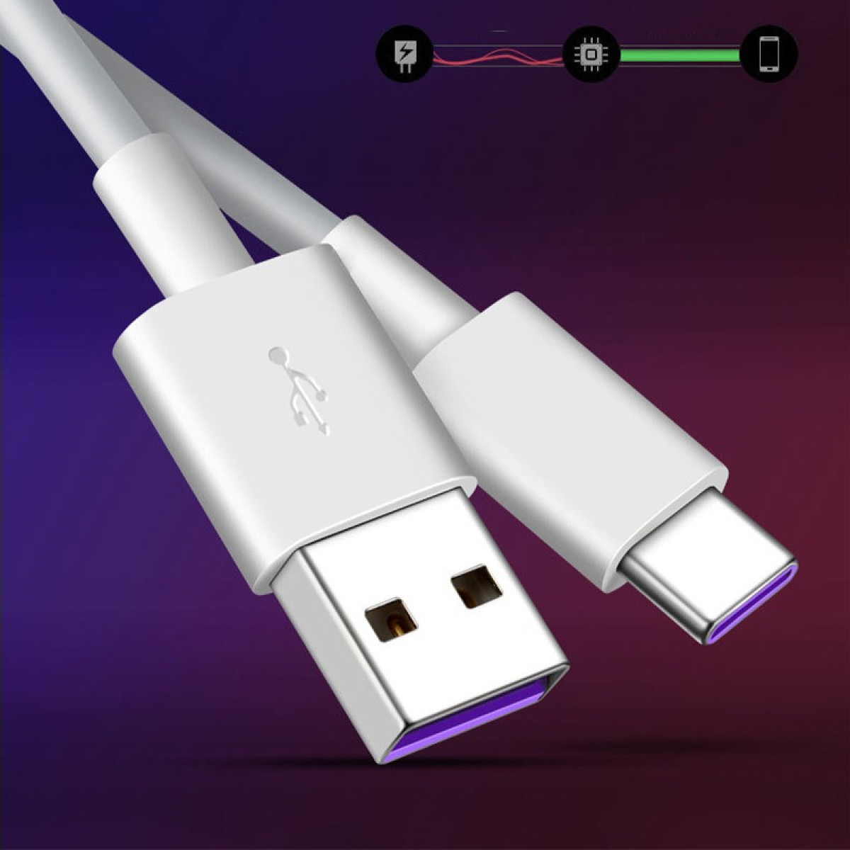 Ein weißes USB-A-zu-USB-C-Kabel liegt auf einem violetten Hintergrund.