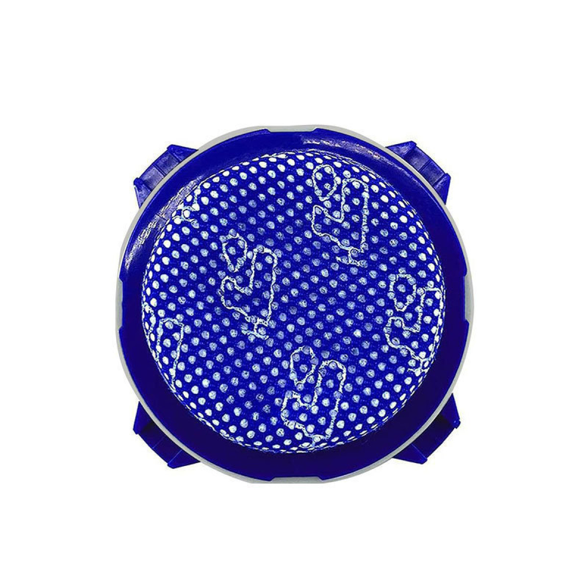 Filtro aspirapolvere blu con pois bianchi e simboli di cactus stilizzati.