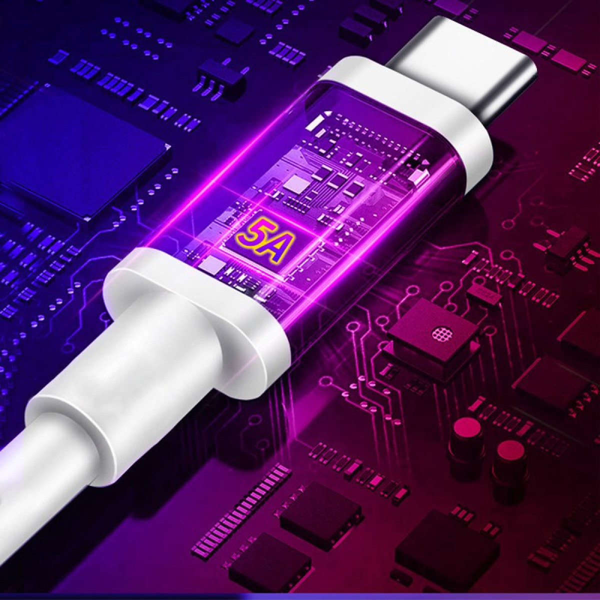 Ein weißes USB-C-Kabel mit transparentem Abschnitt, der Schaltungen zeigt und 