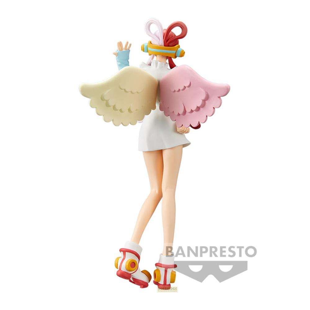 Eine Figur mit gelben und rosa Flügeln, weißem Kleid und bunten Stiefeln.