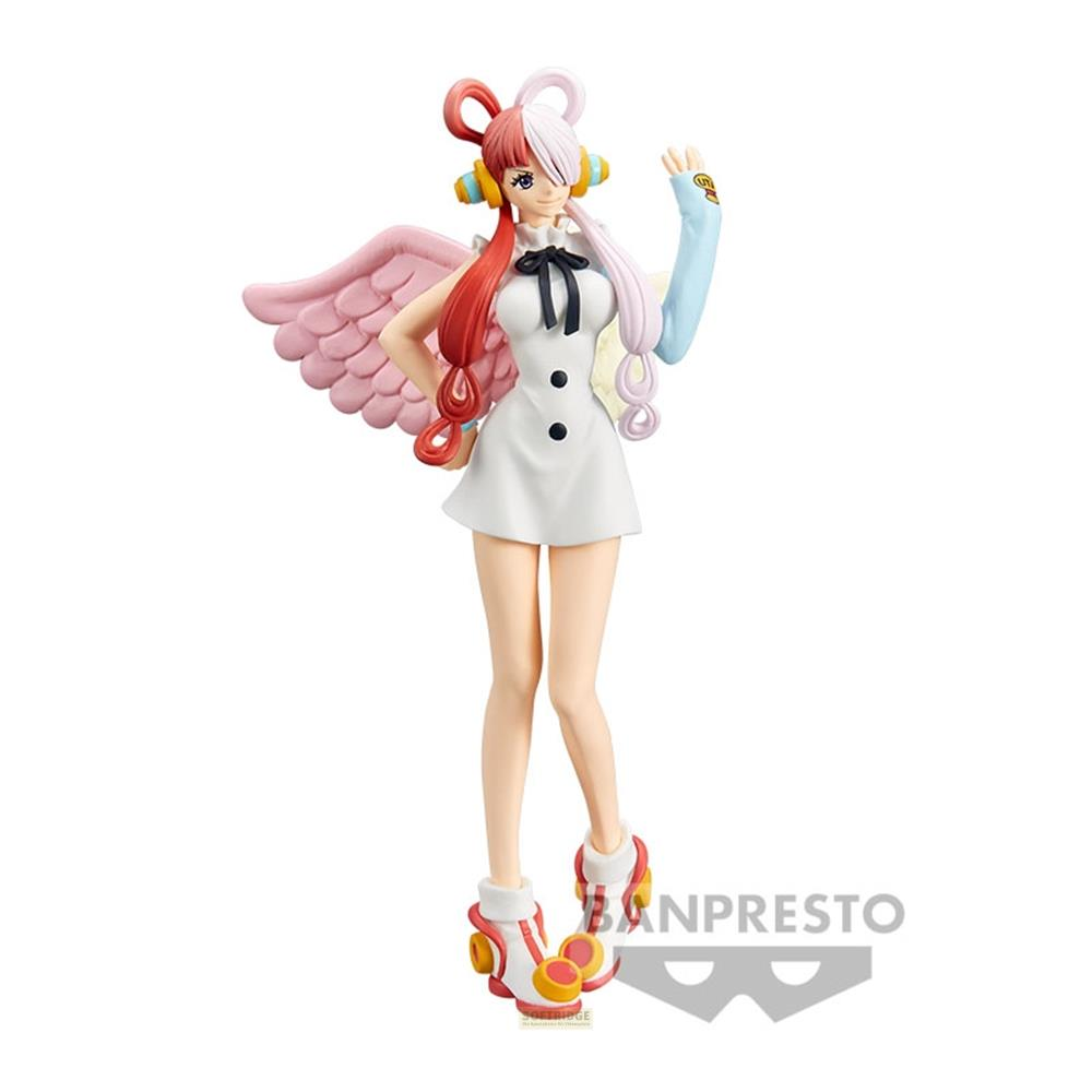 Eine Figur mit weißem Kleid, rosa Flügeln, Kopfhörern und zweifarbigem Haar.