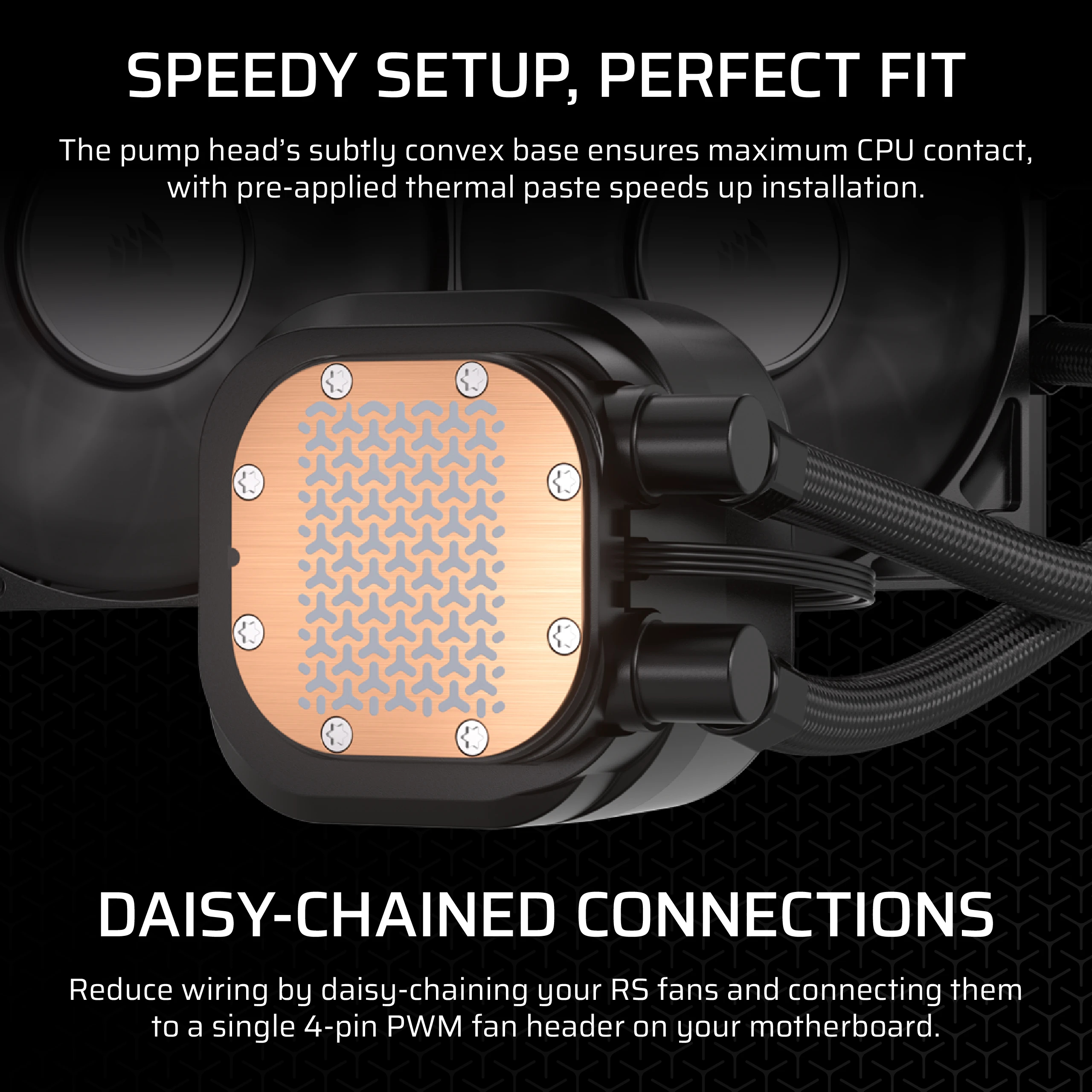 Czarna pompa chłodząca CPU z miedzianą podstawą i kablami wentylatora.