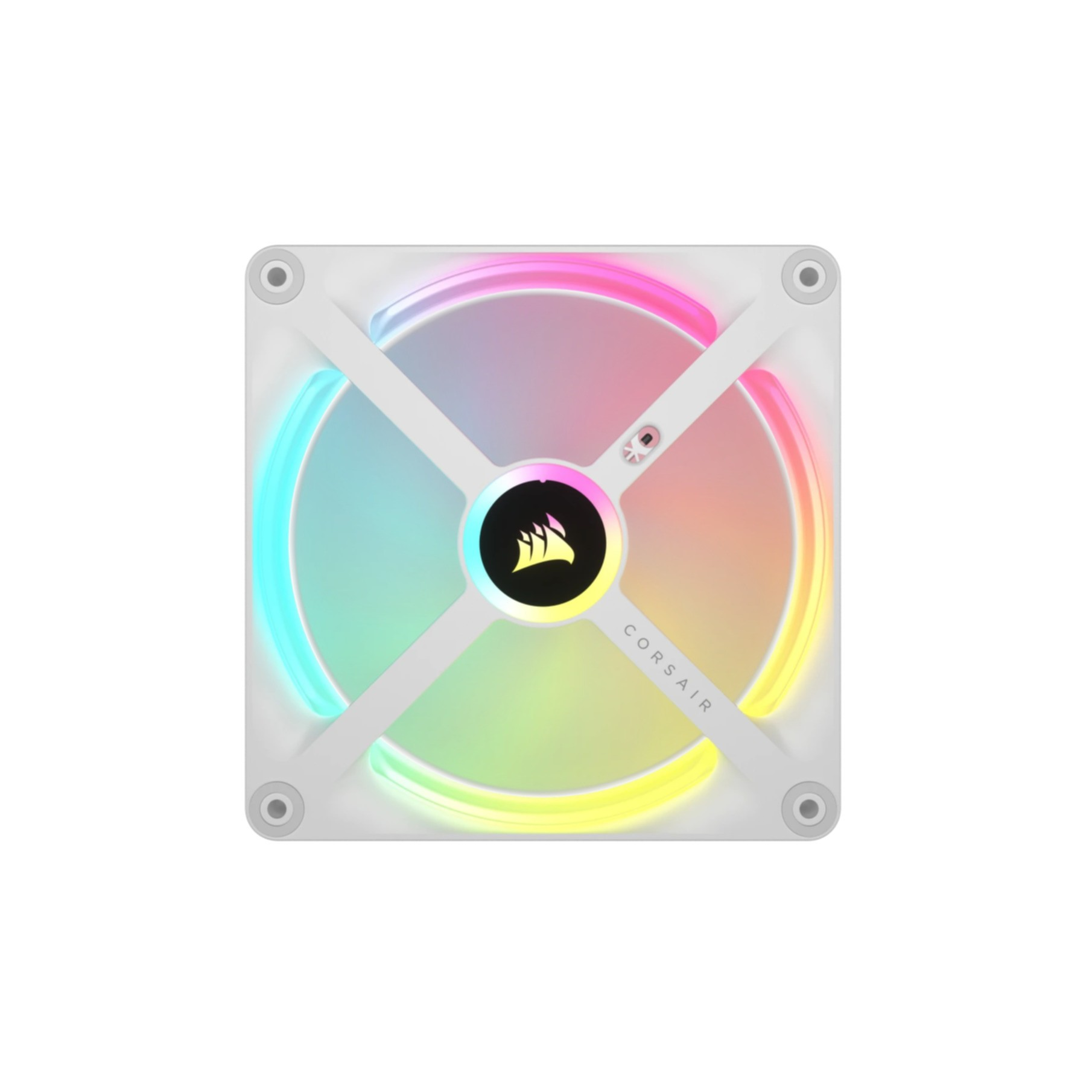 Biały wentylator komputerowy z podświetleniem RGB i logo Corsair.