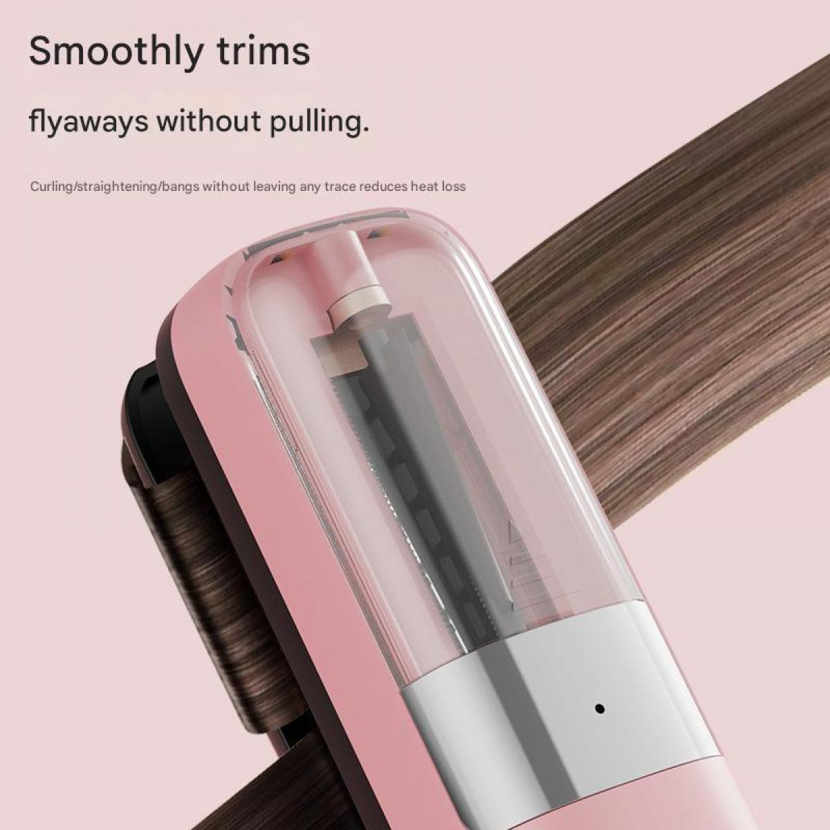 Pinker Haarglätter mit transparenter Abdeckung stylt braunes Haar.
